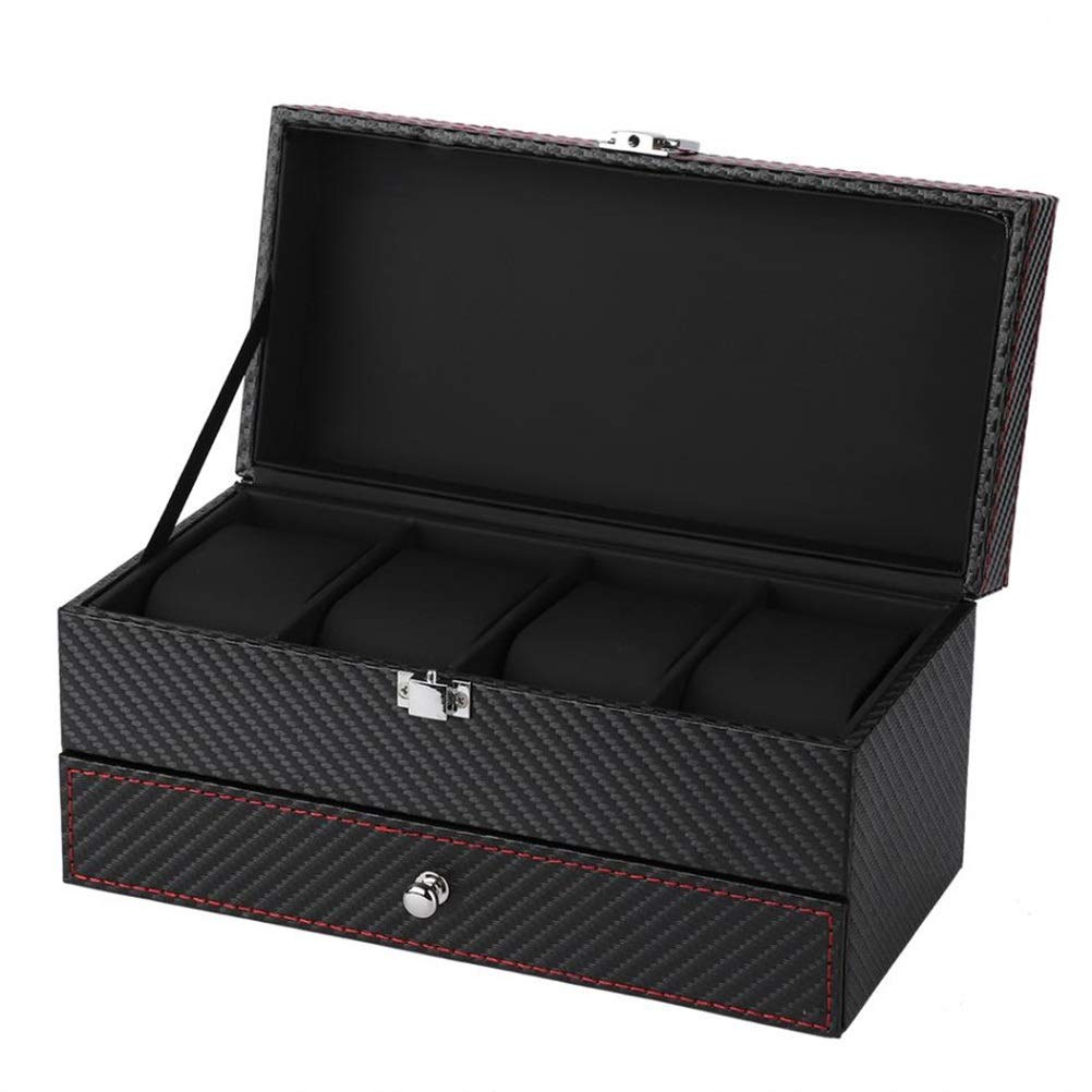 Premium 4 Grid Double Layer Watch Box - Carbon Fiber PU Jewelry Organizer for Watches, Rings & Earrings - Luxury Gift for Men & Women - Perfect for Travel, Home & Office Storage
