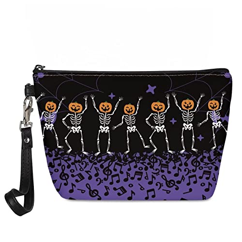 **Halloween Makeup Bag - Pumpkin & Skeleton Cosmetic Pouch for Girls - Small Leather Zipper Toiletry Bag - Perfect for Trick-or-Treating & Travel**