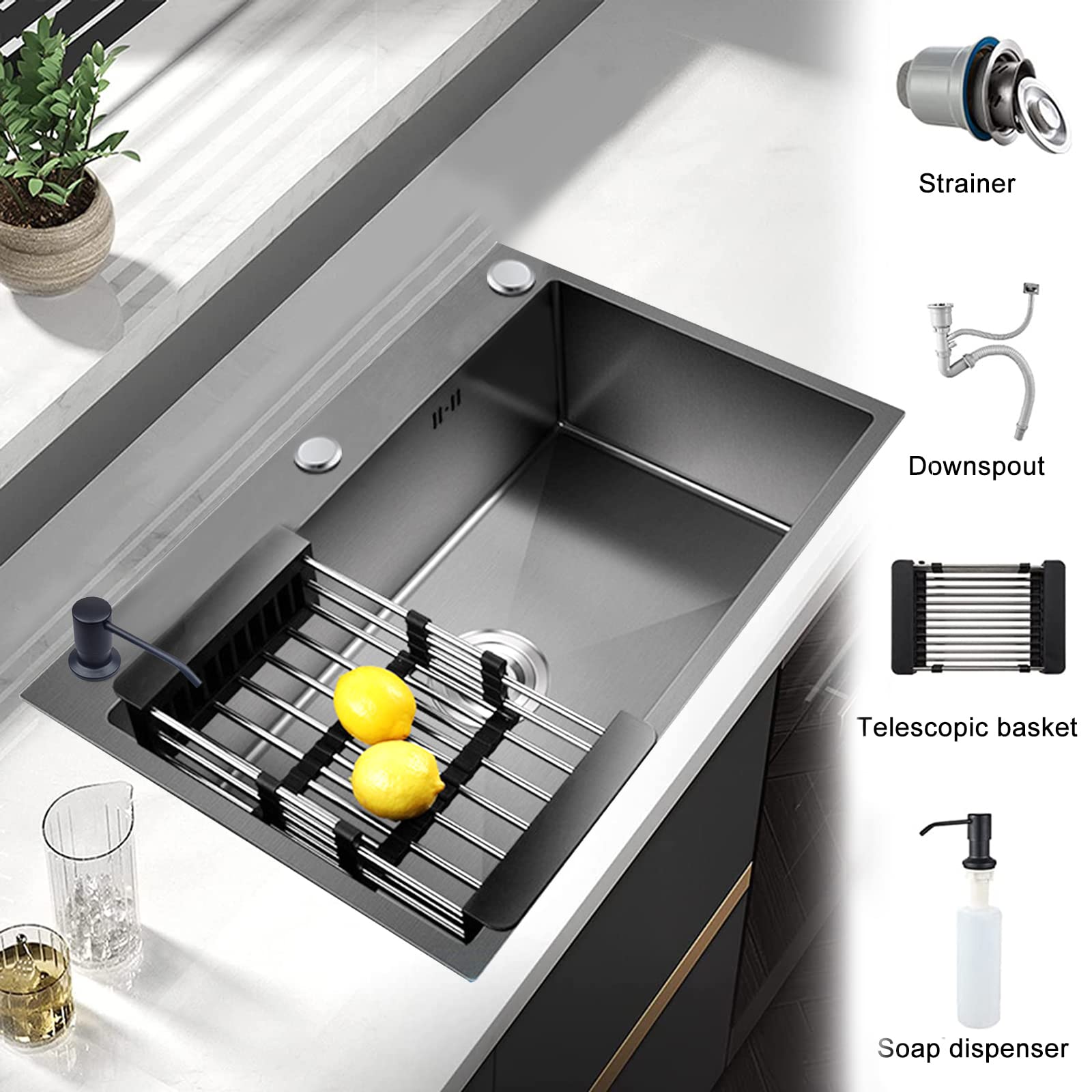 Undermount Single Bowl Kitchen Sink with Faucet - 304 Stainless Steel, Large Capacity, Black Nano Coating - Perfect for Home Kitchens, Restaurants & Commercial Use