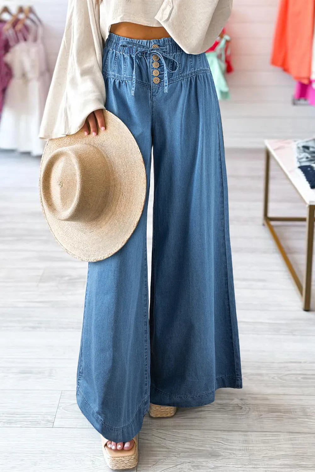Stylish Drawstring Elastic Waist Wide Leg Jeans for Women - Comfortable High Waist Loose Fit Denim Pants - Perfect for Casual Wear, Street Style & Everyday Outfits
