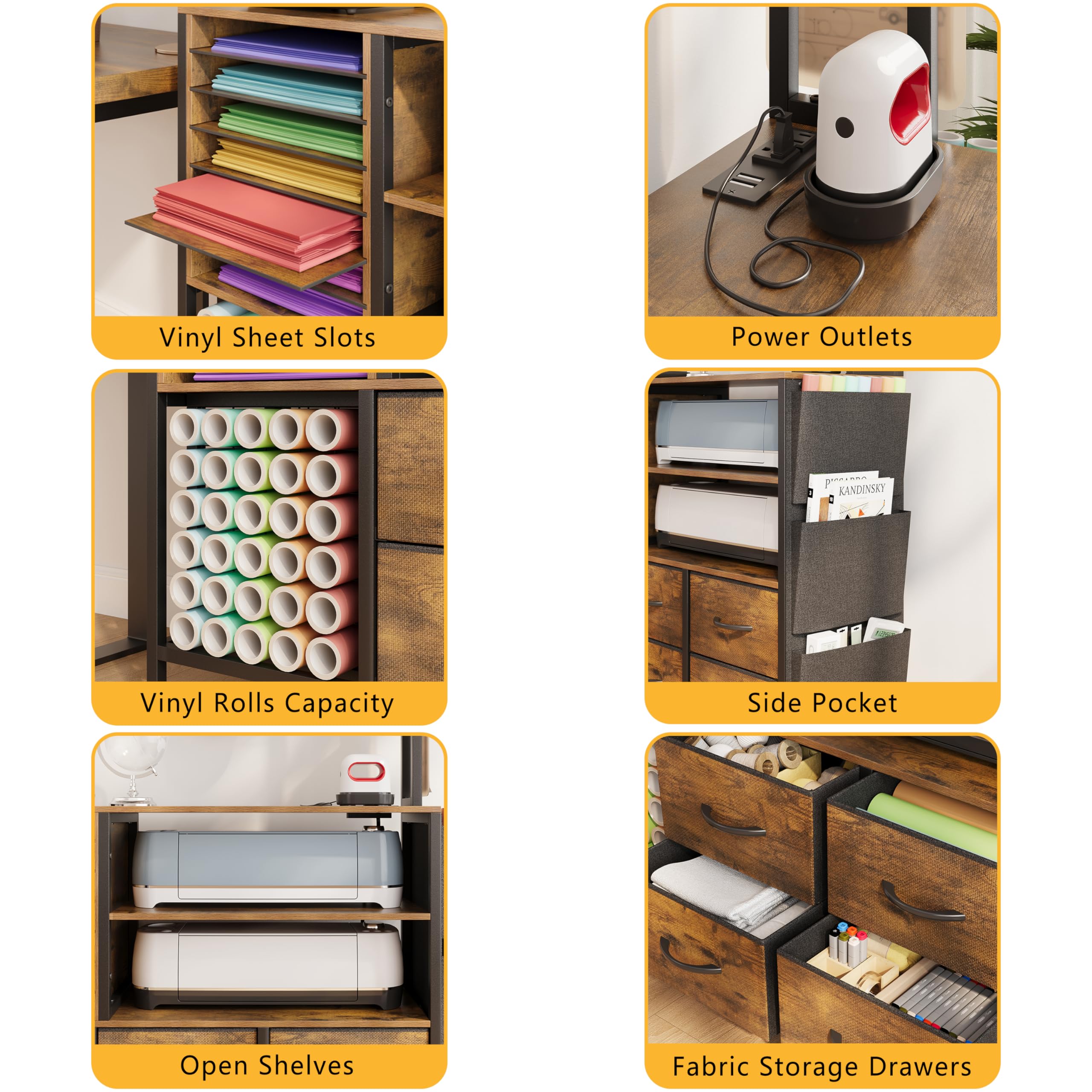 Large Craft Storage Cabinet with Charging Station - Organizer for Cricut Machines, Craft Tools & Vinyl Rolls - Rustic Brown Crafting Desk for DIY Projects, Scrapbooking & Home Decor