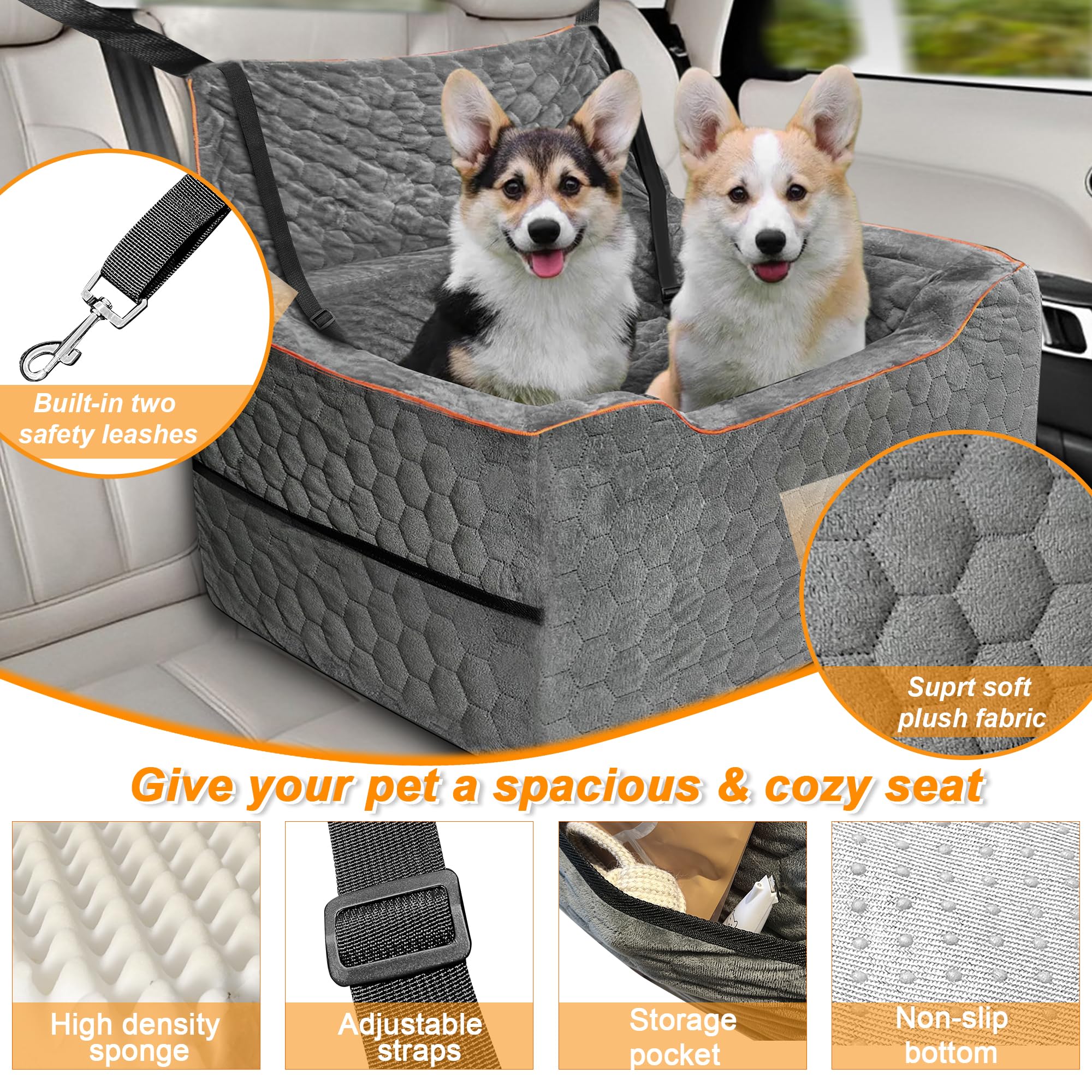 **Washable Dog Car Booster Seat for Medium & Large Dogs Up to 60 lbs – Multi-Functional Pet Travel Cushion with 2 Safety Leashes (Gray) – Perfect for Road Trips, Vet Visits & Daily Car Rides**