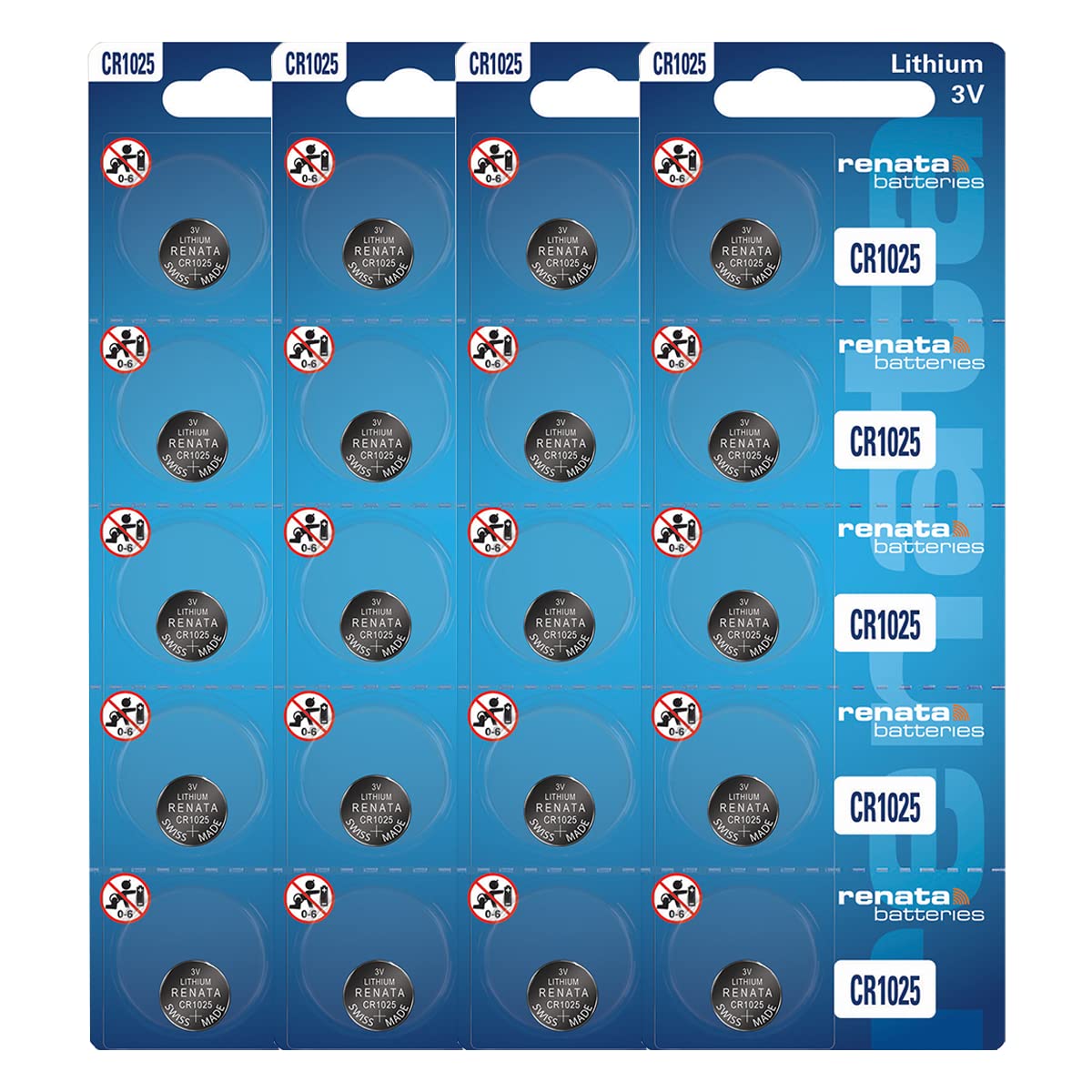 Renata CR1025 3V Lithium Coin Cell Batteries (20 Pack) - Long Lasting Power for Watches, Calculators, Key Fobs & Small Electronics
