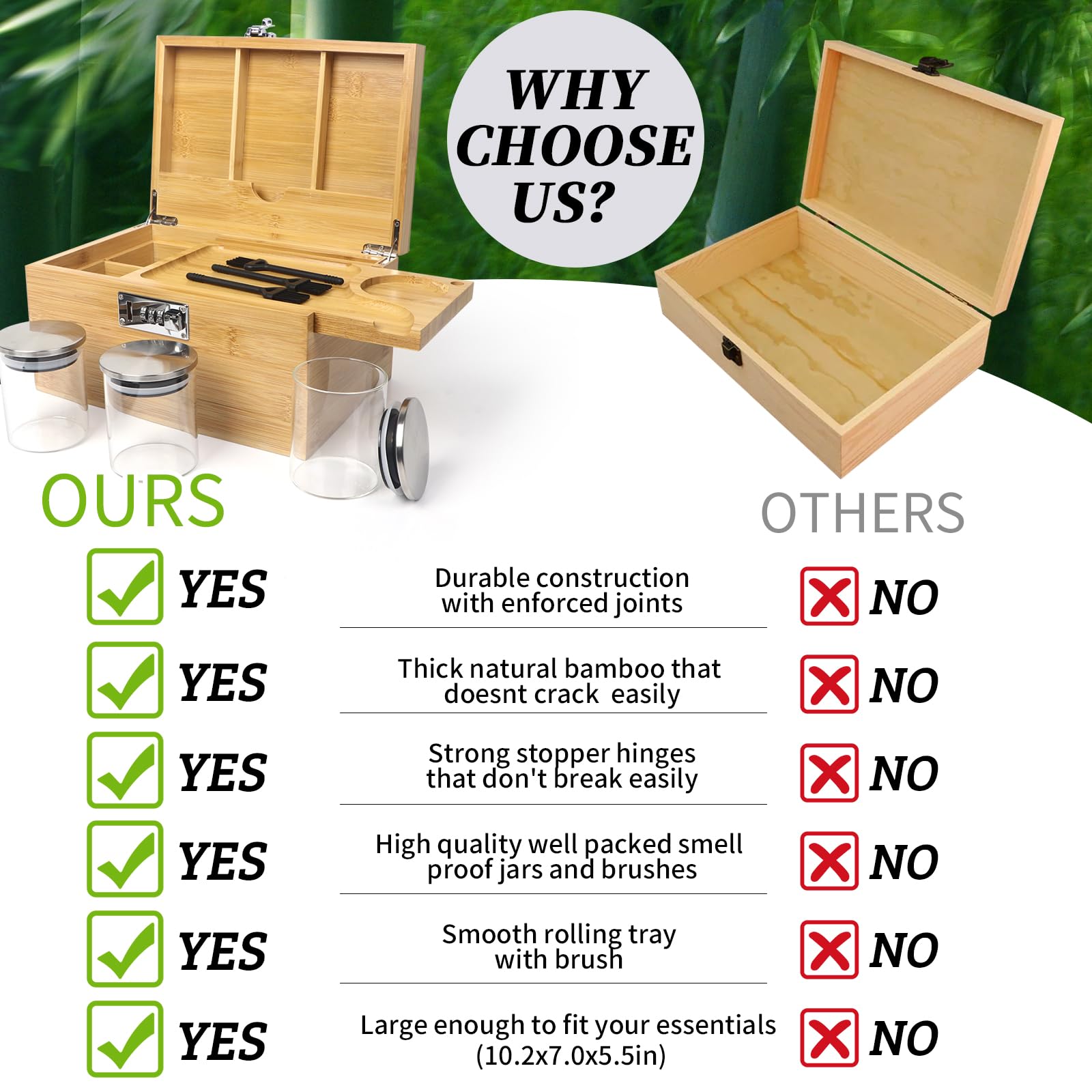 Premium Bamboo Storage Box with Combination Lock - Decorative Wooden Box Kit with Sliding Tray & 3 Glass Jars - Secure Jewelry Organizer, Keepsake Box for Home Office & Gift Giving