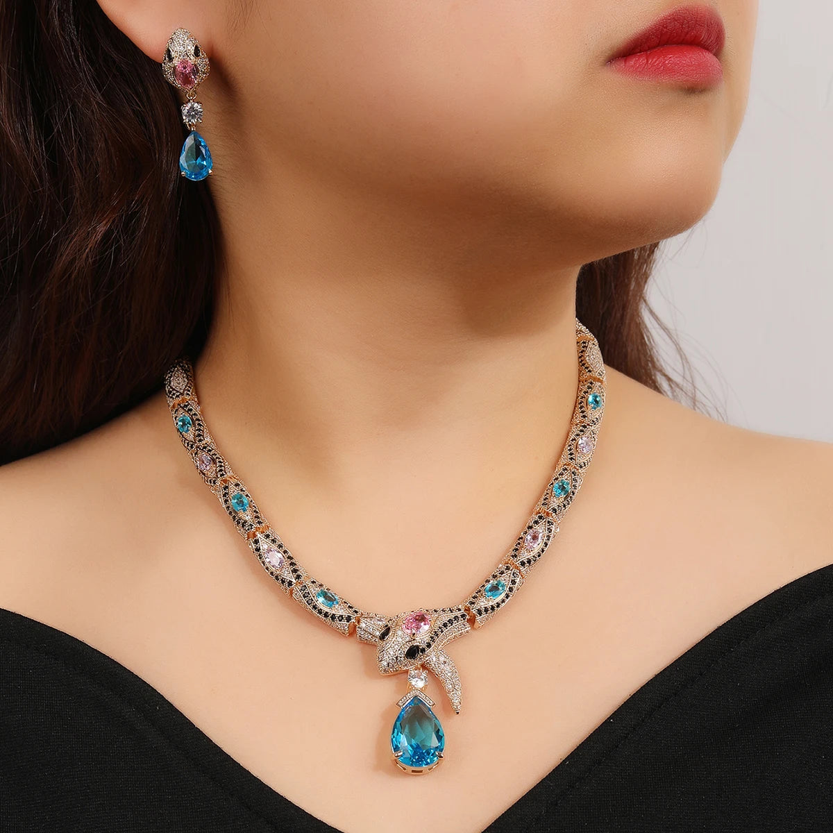 Luxury Cubic Zirconia Snake Necklace & Earrings Set for Women - Elegant Animal Jewelry for Parties, Weddings & Evening Events - Fashion Costume Accessories CN11429