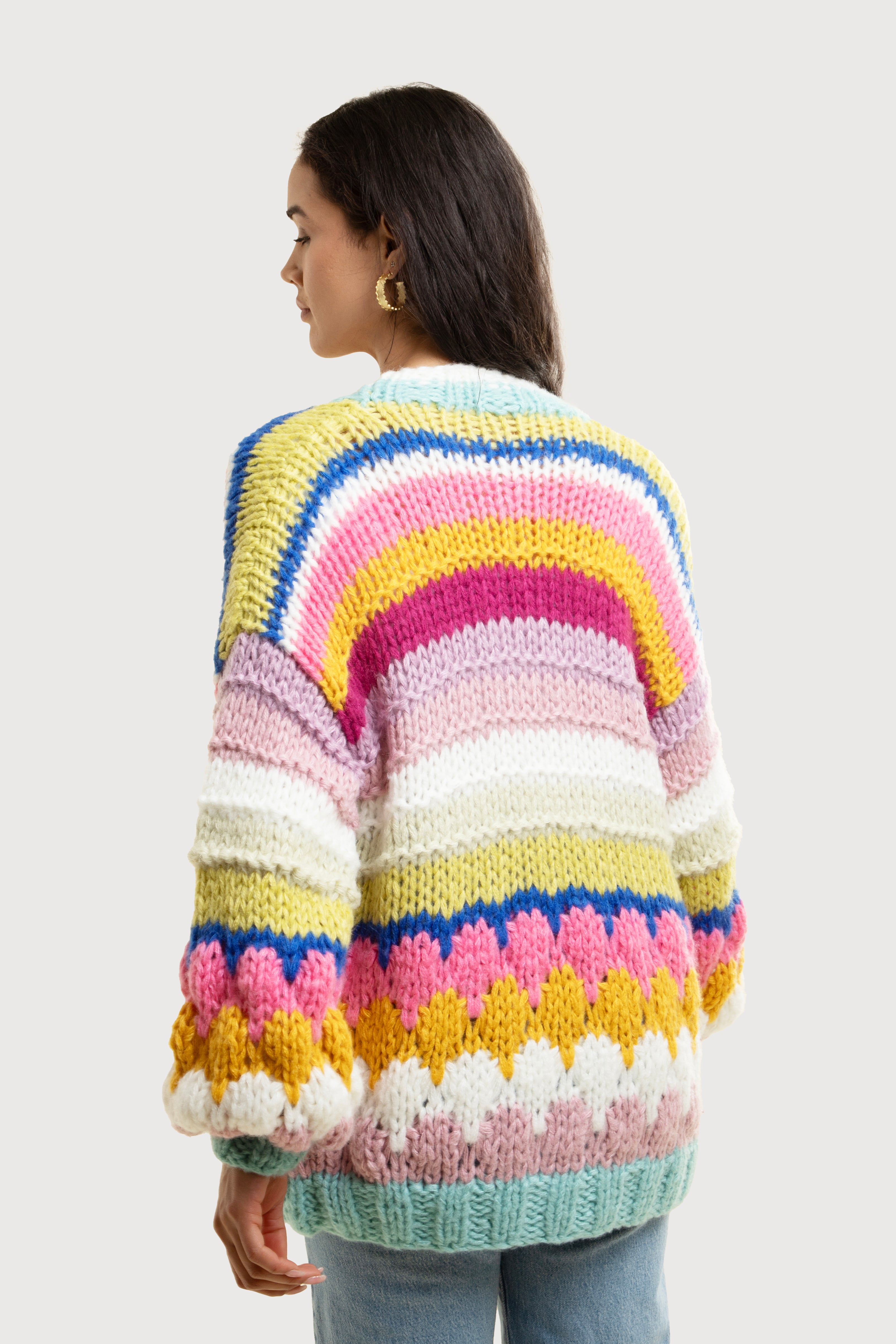 Cozy Knitted Rainbow Bubble Stitch Cardigan Sweater for Women - Soft Yarn Oversized Open Front Cover-Up for Fall & Winter - Perfect for Casual Outfits, Coffee Dates, and Weekend Getaways