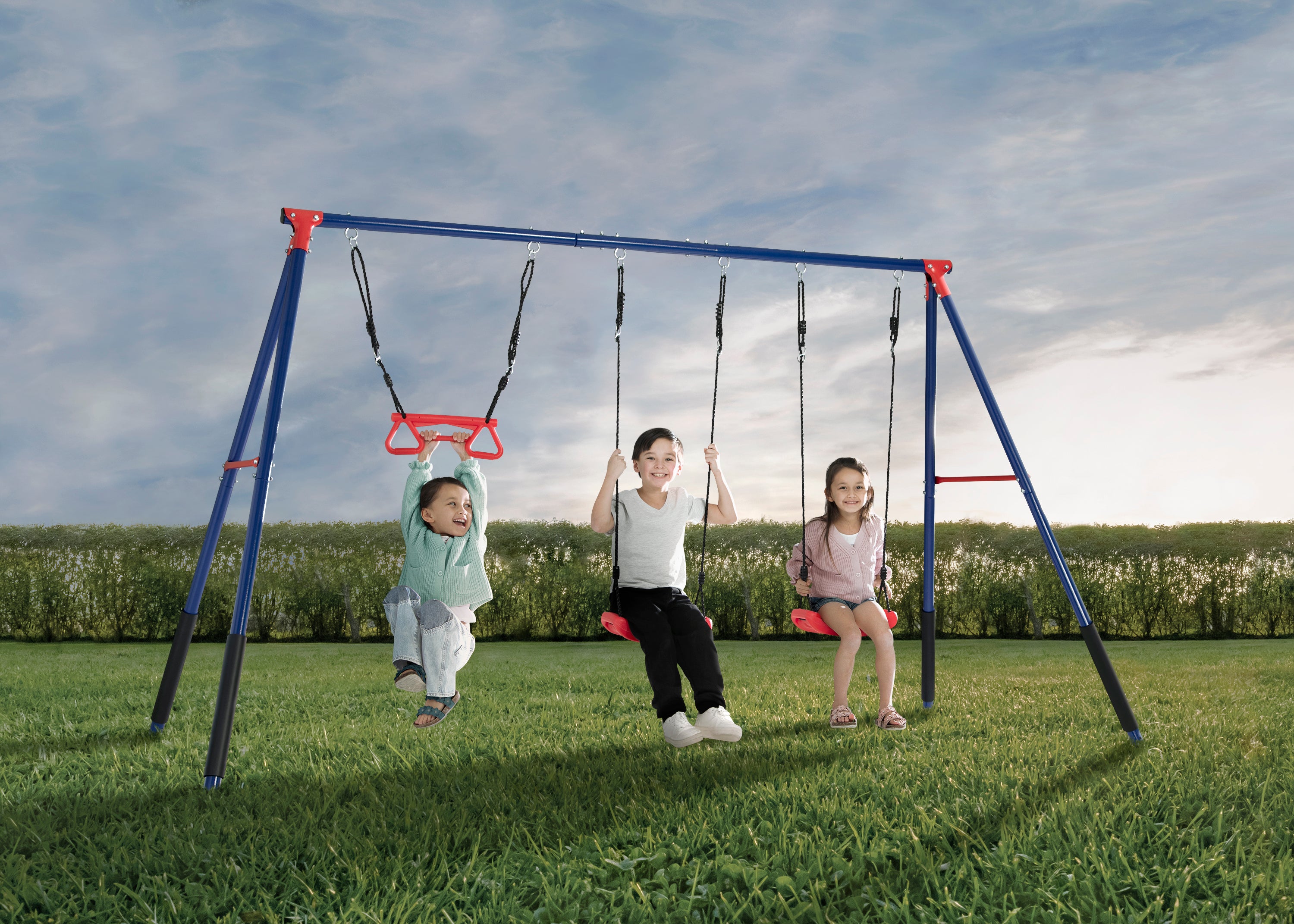 FunZone Outdoor Metal 3-Piece Swing Set with 2 Swings & Trapeze Bar - Heavy Duty Backyard Playset for Kids Ages 3-12, Perfect for Gardens, Parks, and Outdoor Play Areas