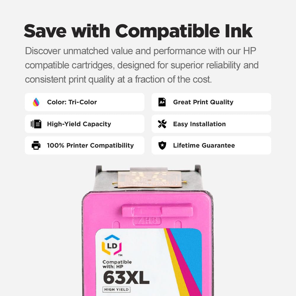 LD InkPods HP 63XL Ink Cartridge Replacement (3-Pack, Color) with OEM Printhead - Compatible with HP Deskjet 1110 Printer | High-Quality Printing for Home & Office Documents, Photos, and School Projects