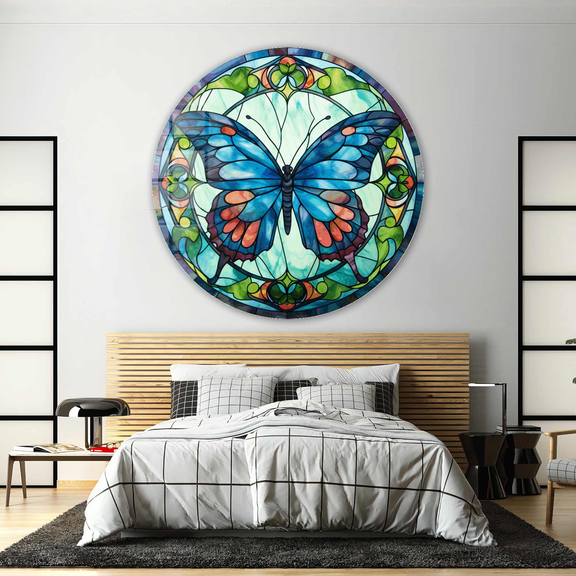 Stained Butterfly Round Glass Wall Art - Elegant Home Decor for Living Room, Bedroom & Office
