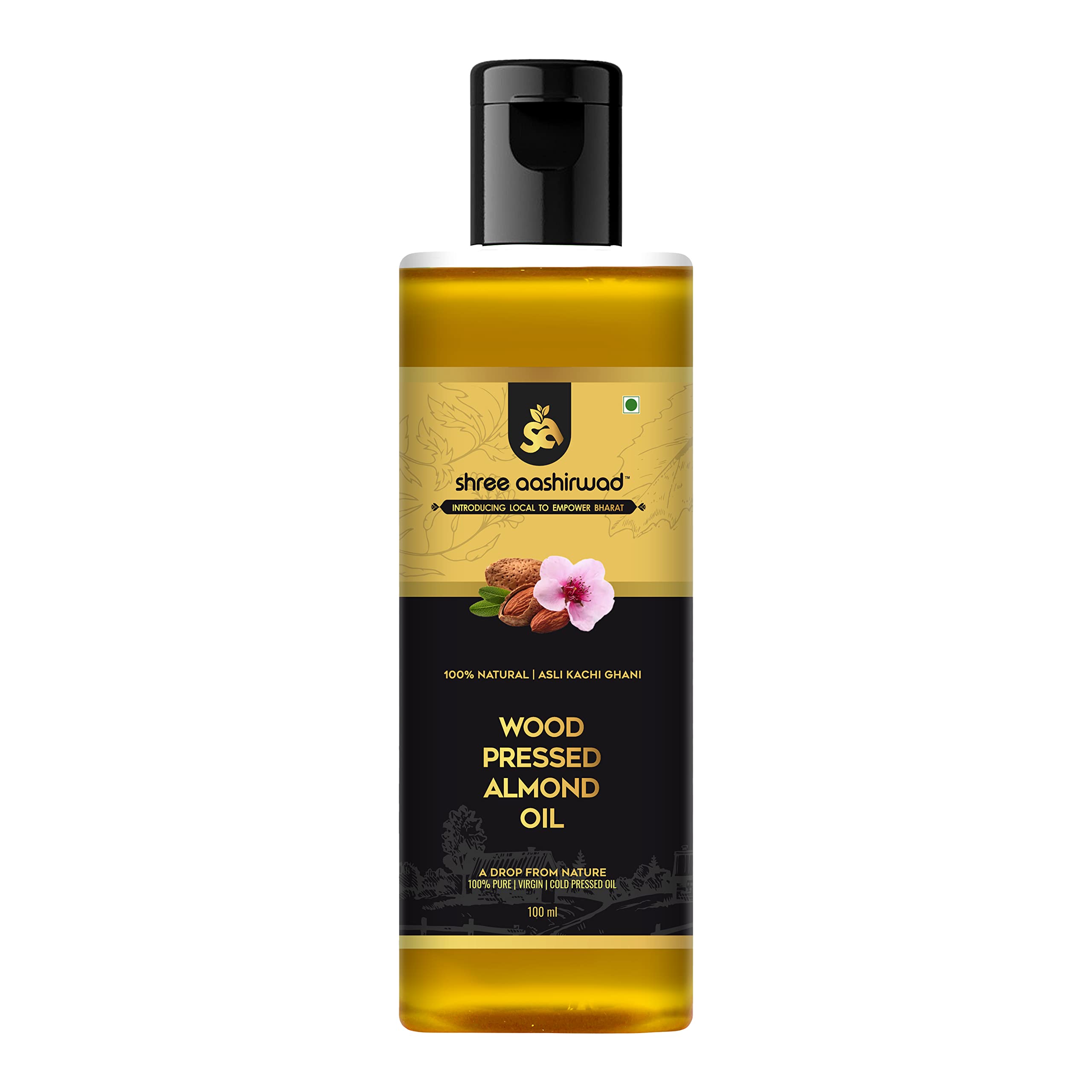 Shree Aanantam Badam Tail - 100ml | Pure Sweet Almond Oil for Skin & Hair Care | Cold Pressed Virgin Almond Oil Rich in Vitamin E | Promotes Healthy Skin, Hair & Body | Perfect for Massage, Aromatherapy & DIY Beauty Recipes