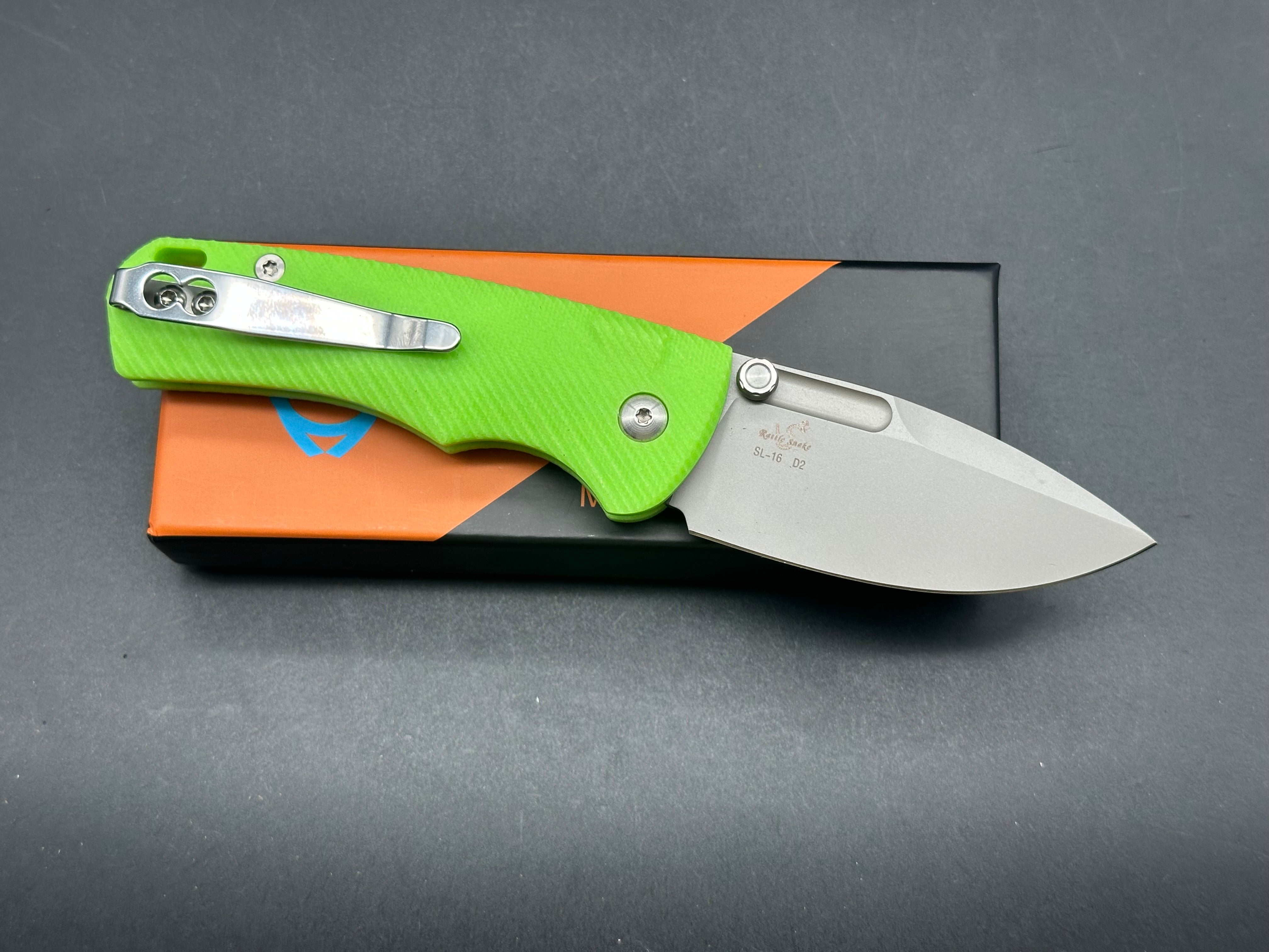 Sixleaf SL 16 Button Lock Pocket Knife - Fluorescent Green G10 Scales & D2 Steel Blade - EDC Folding Knife for Outdoor, Camping & Everyday Carry