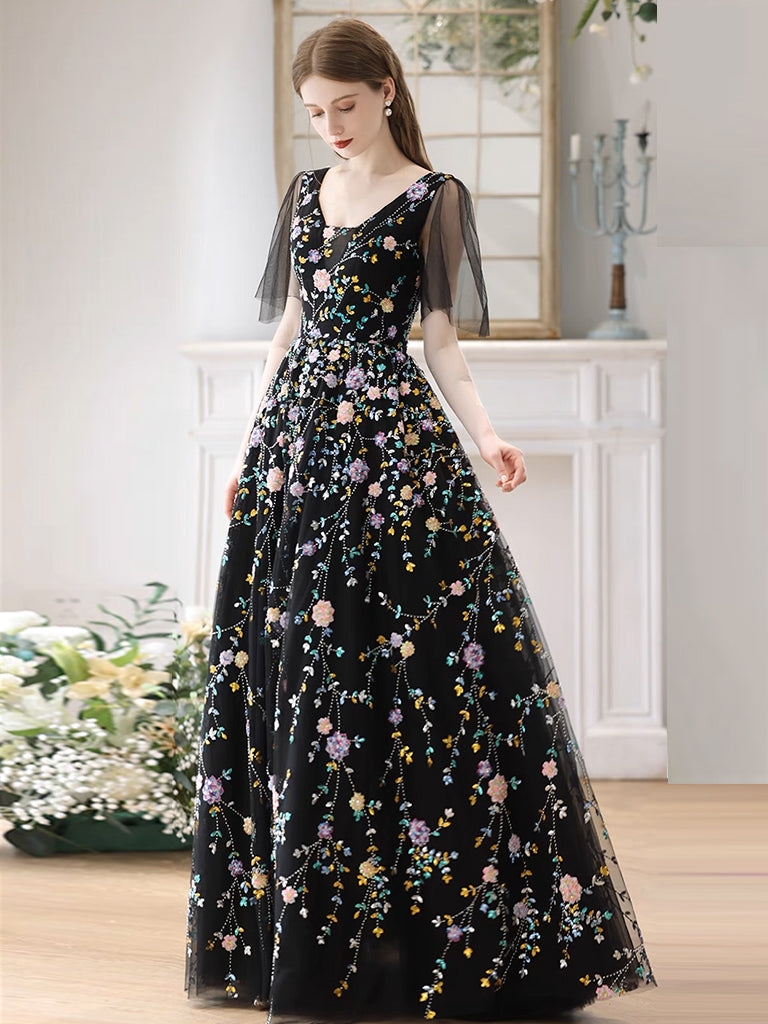 Elegant A-Line V-Neck Tulle Lace Black Long Prom Dress | Formal Evening Gown for Women | Perfect for Homecoming, Ball, Wedding & Special Occasions
