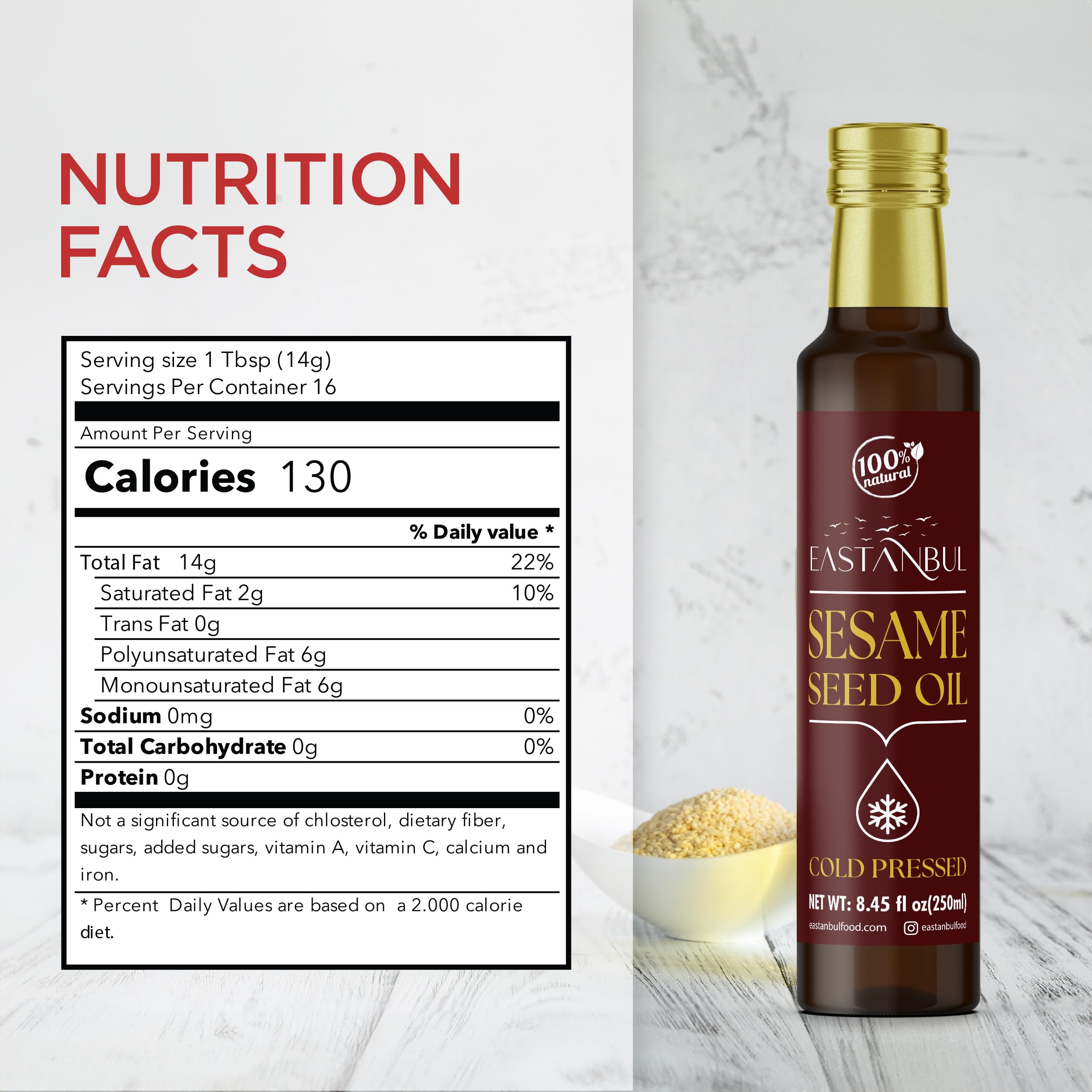 Premium Cold Pressed Sesame Oil - 8.45 Fl Oz, 100% Pure & Natural, Unrefined, Non-GMO, Vegan - Perfect for Asian Cooking, Salad Dressings, Rice Dishes & Stir Fry - Eastanbul Raw Sesame Oil (Aceite de Ajonjoli)