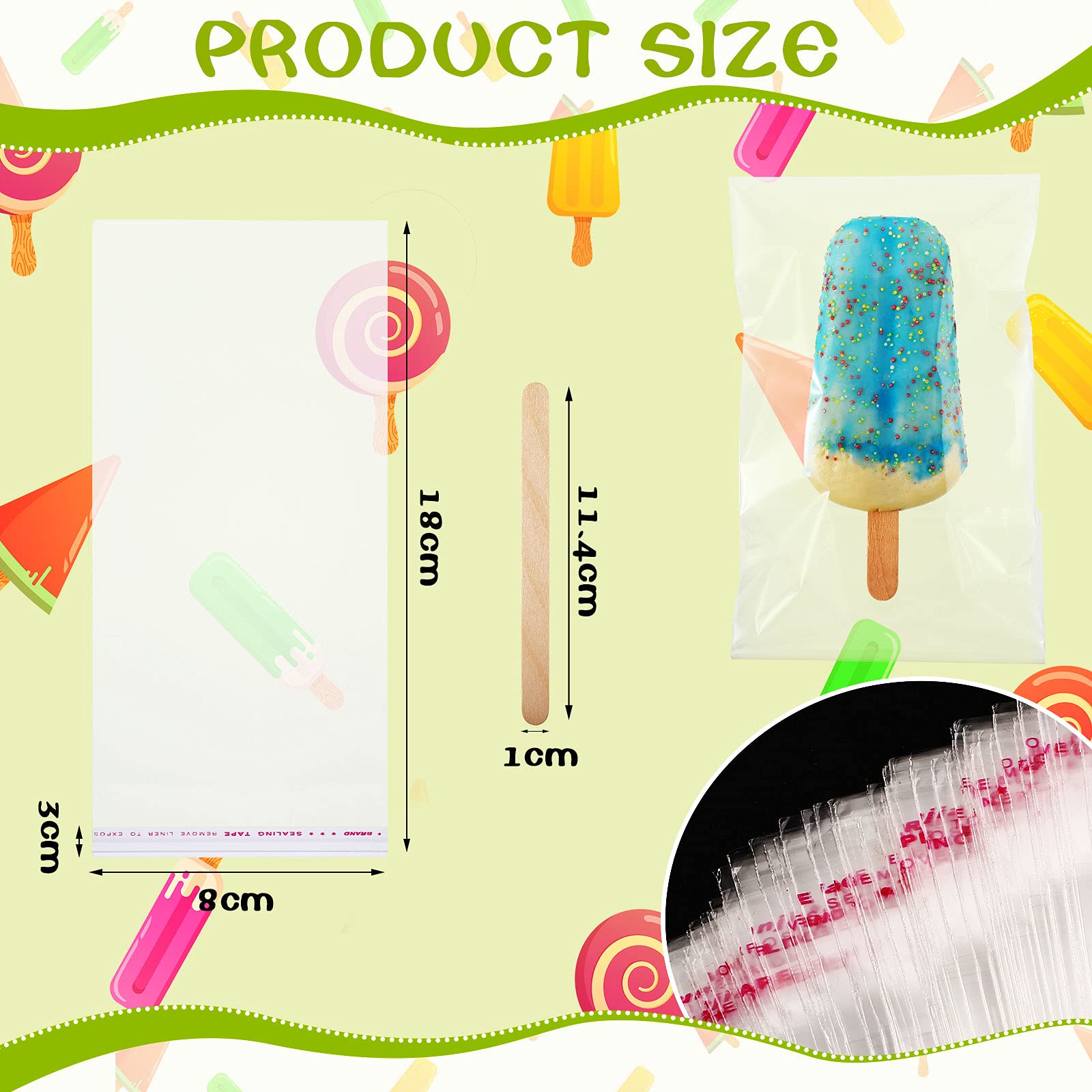 400 Pcs Ice Cream Sticks & Bags Kit - 300 Self-Adhesive Clear Pop Bags + 100 Wooden Sticks for DIY Ice Cream, Summer Parties & Frozen Treats | Perfect for Dessert Making, School Events & Birthday Celebrations