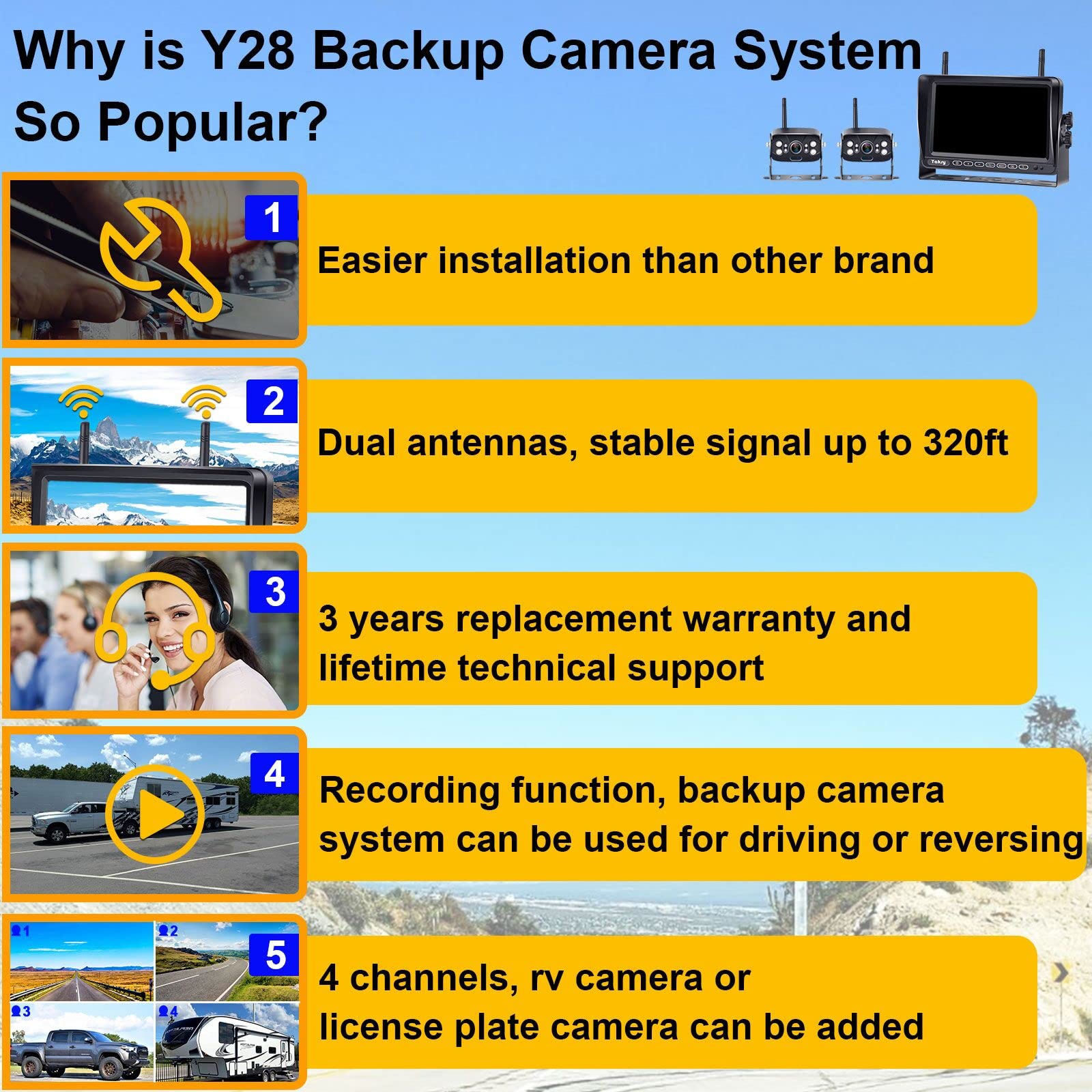 Yakry Y28-36 RV Backup Camera System - Wireless 1080P HD Recording with 7'' Touch Key Monitor, 2 Cameras, Night Vision & 4 Channels | Plug & Play Pre-Wired for Furrion System | Perfect for Trailers, Trucks & Motorhomes (Rear View Safety & Parking Assistance)