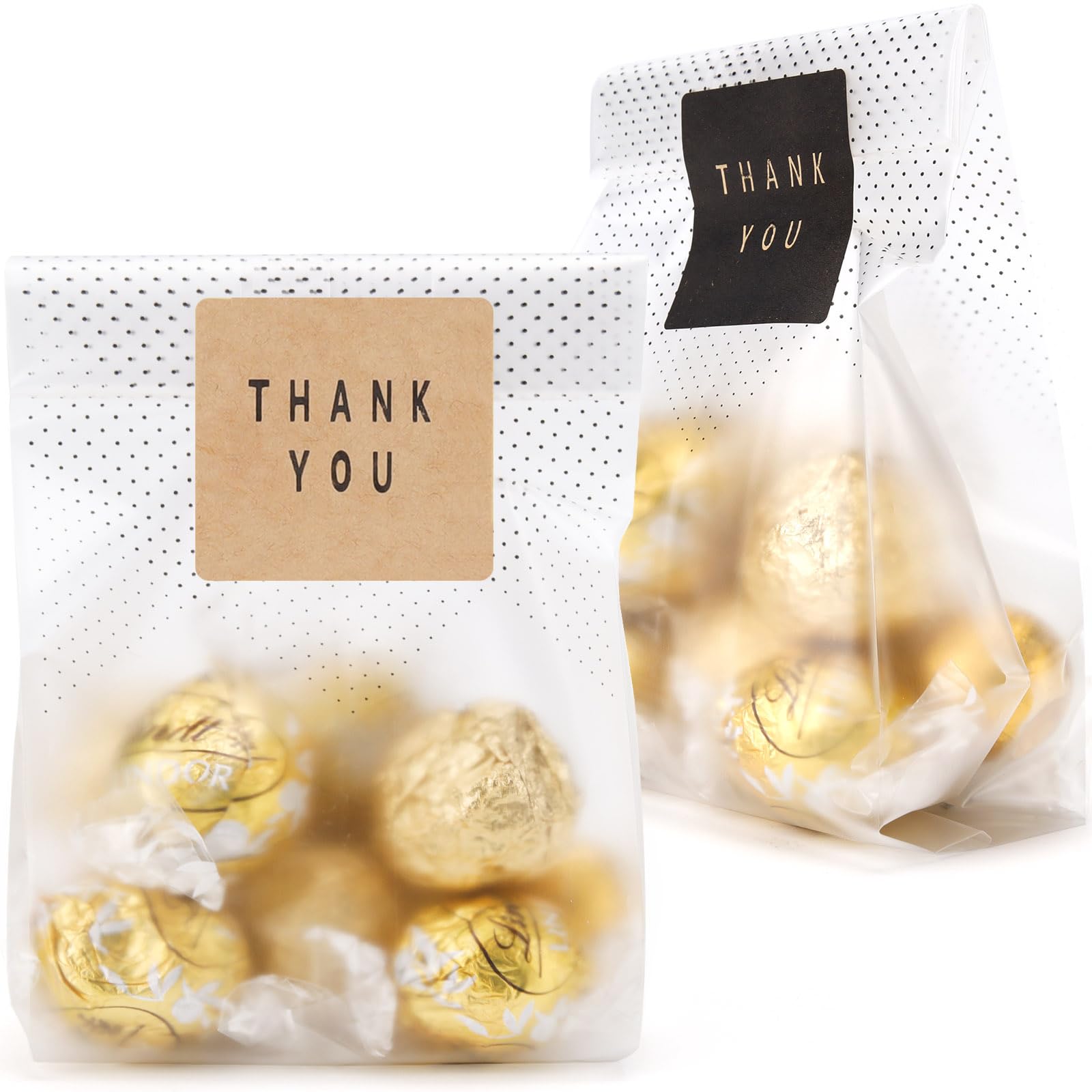 Clear Cellophane Treat Bags for Cookies, Candy & Chocolates - 9x3.2 Inch Black Dot Gift Packaging Bags with Stickers | Perfect for Birthday Parties, Baby Showers & Holiday Gifting