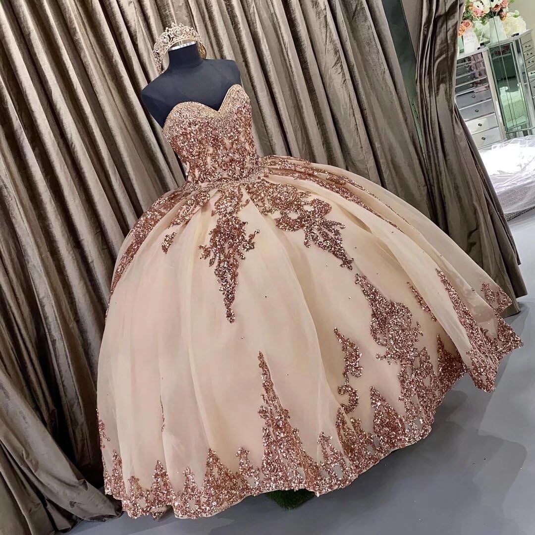 Sparkling Rose Gold Sequined Lace Ball Gown - Quinceañera Dress for Sweet 15, Prom Party, Pageant & Formal Events 2025 | Champagne Organza Fabric | Perfect for Birthday Celebrations, Homecoming & Special Occasions