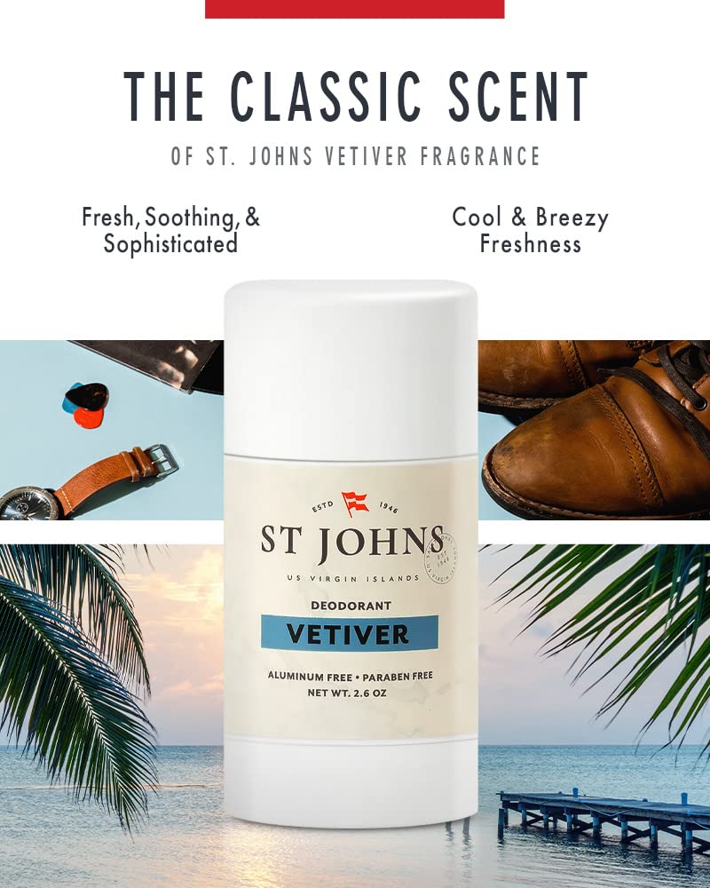 St Johns Vetiver Aluminum-Free Deodorant for Men & Women | 2.6 oz Natural Clear Deodorant Stick with Classic Vetiver Cologne | Virgin Islands Inspired Fresh Scent | Perfect for Daily Use, Travel & Sensitive Skin