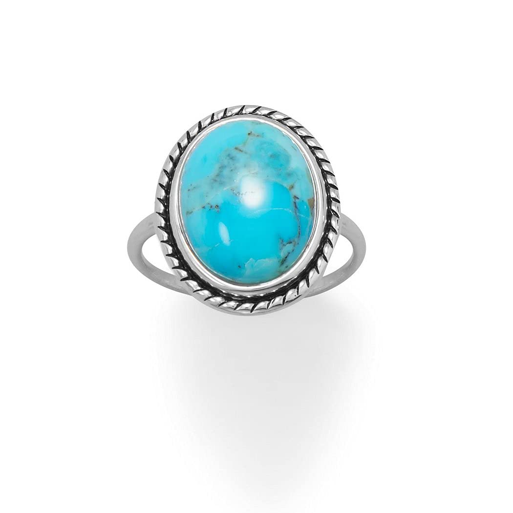 925 Sterling Silver Oval Turquoise Ring with Rope Edge - 16x12mm Oxidized Stone, 1.5mm Band Width - Size 6-10 - Elegant Boho Jewelry Gift for Women - Perfect for Weddings, Parties & Everyday Wear