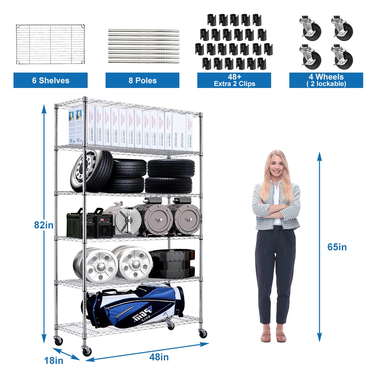 6-Tier Heavy Duty Metal Storage Shelves with Wheels - NSF Certified Adjustable Wire Shelving Unit for Kitchen, Restaurant, Garage, Basement & Laundry Room - 2100LBS Capacity Chrome Rack - Perfect for Commercial Use, Home Organization & Industrial Storage