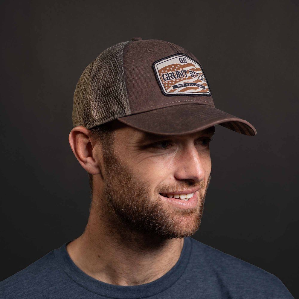 Old Glory Patch Mesh Hat - Adjustable Brown Washed Baseball Cap for Men & Women - Perfect for Outdoor Activities, Sports, and Casual Wear