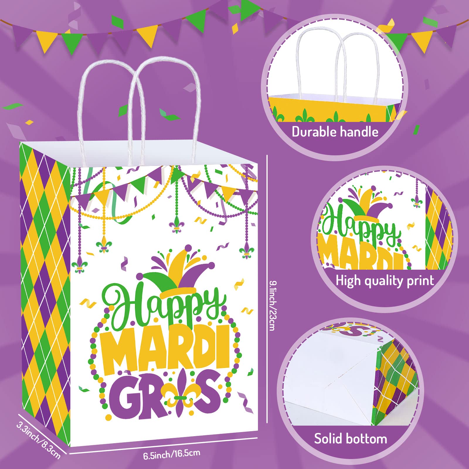 Whaline 20 Pack Mardi Gras Party Favor Bags with Handles - Assorted 4 Designs Including Crown, Mask & Gold Coins - Perfect for Gift Wrapping, Birthday Parties, Carnival Celebrations & Festive Events