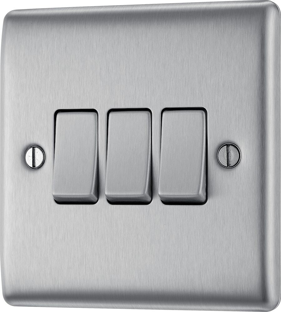 BG Nexus Metal Brushed Steel 3G 2W Light Switch NBS43 - Modern Electrical Wall Plate for Home & Office Decor | Perfect for Living Room, Bedroom, and Commercial Spaces