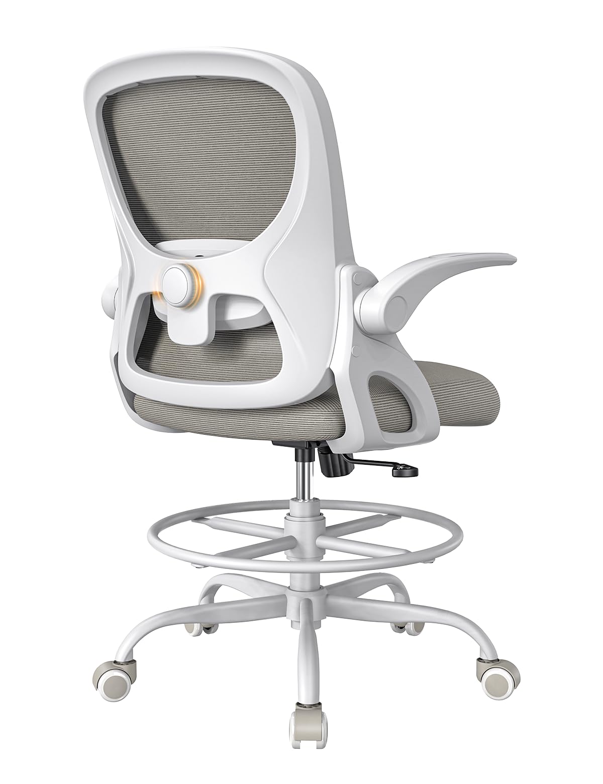 Ergonomic Drafting Chair with Flip-Up Armrests & Adjustable Footrest - Tall Office Chair for Standing Desk - Comfortable Lumbar Support - White-Gray - Perfect for Architects, Artists & Home Office Workspaces