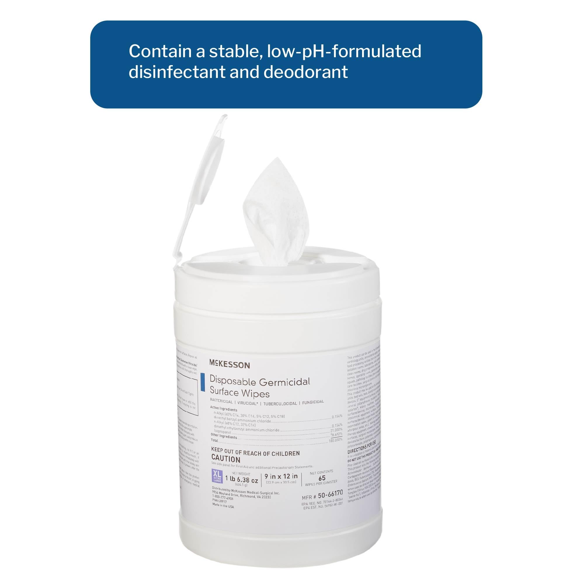 McKesson Germicidal Disinfecting Wipes - 65 Count XL Alcohol Wipes for Medical, Home & Office Use | Hospital-Grade Surface Cleaner & Sanitizer | Kills 99.9% Germs on Countertops, Electronics & Medical Equipment