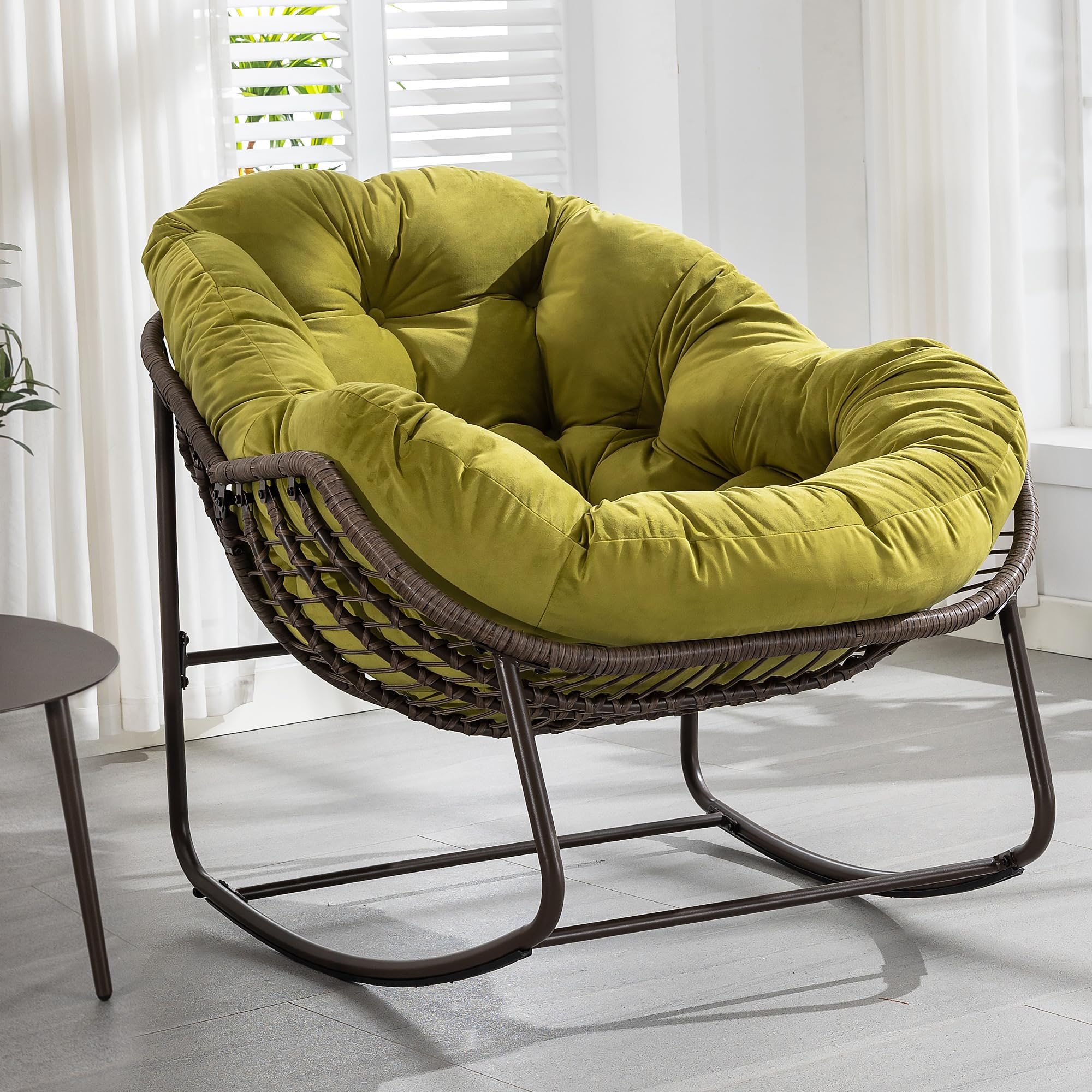 HOMEFUN Oversized Papasan Rocking Chair with Velvet Padded Cushion - Indoor/Outdoor Rocker Egg Chair for Patio, Front Porch, Garden & Backyard - Perfect for Relaxing, Reading & Sunbathing
