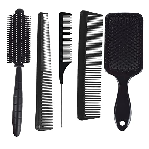 VEDETIC Professional Hair Styling Comb Set for Men & Women - 5 Piece Variety Pack with Paddle Brush, Round Brush & Straightener Comb for All Hair Types (Perfect for Salon, Home Styling & Travel)