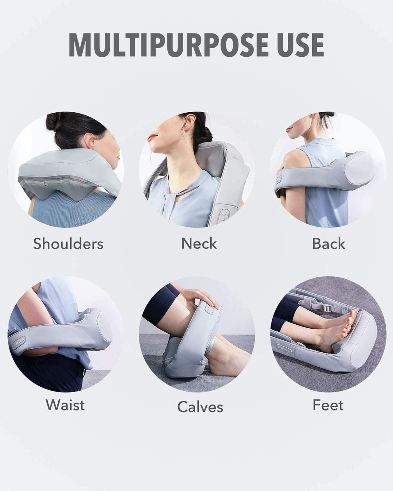 Adjustable Heat Shiatsu Back Massager with Straps - Neck, Shoulder, Foot & Leg Massage - Includes Free Handbag (Gray) - Perfect for Home, Office & Travel Relaxation