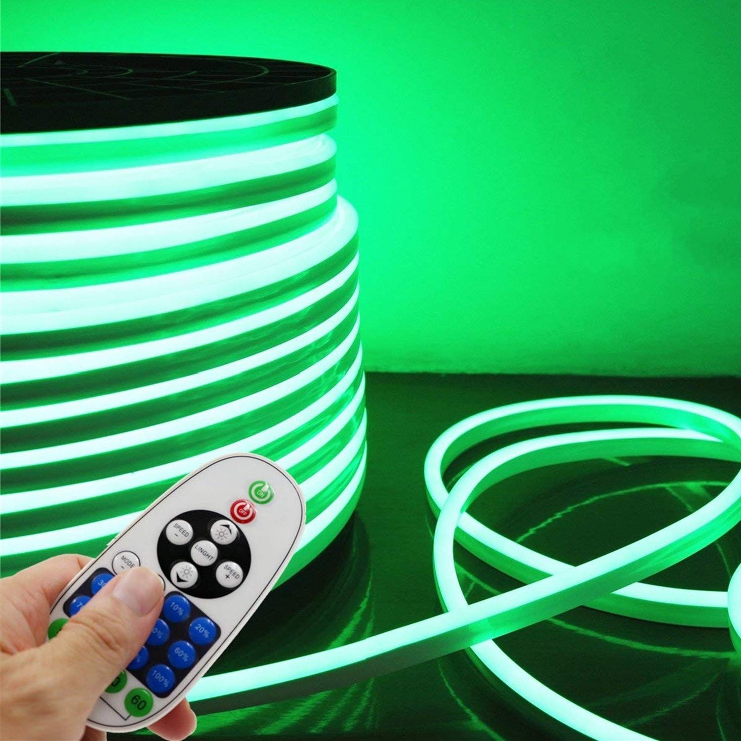 **20M Flexible LED Neon Strip Lights - 120 LEDs/M, Dimmable, Waterproof 2835 SMD Rope Light with Remote - 110-120V AC for Home, Bar, Party & Outdoor Decoration (65.6ft/20m, Green)**