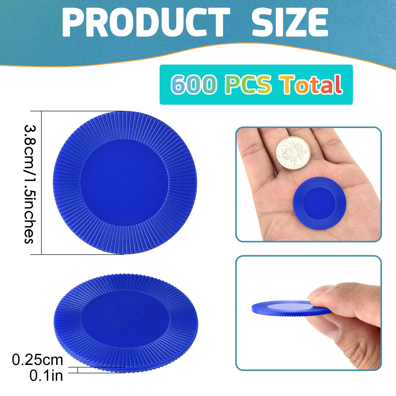 Coopay 600-Piece Plastic Poker Chips Set - 38mm (1.5 Inch) Blue Bingo Chips for Card Games, Math Counting, Teaching Rewards & Casino Night - Bulk Learning Counters & Game Tokens for Home, Classroom & Party Use