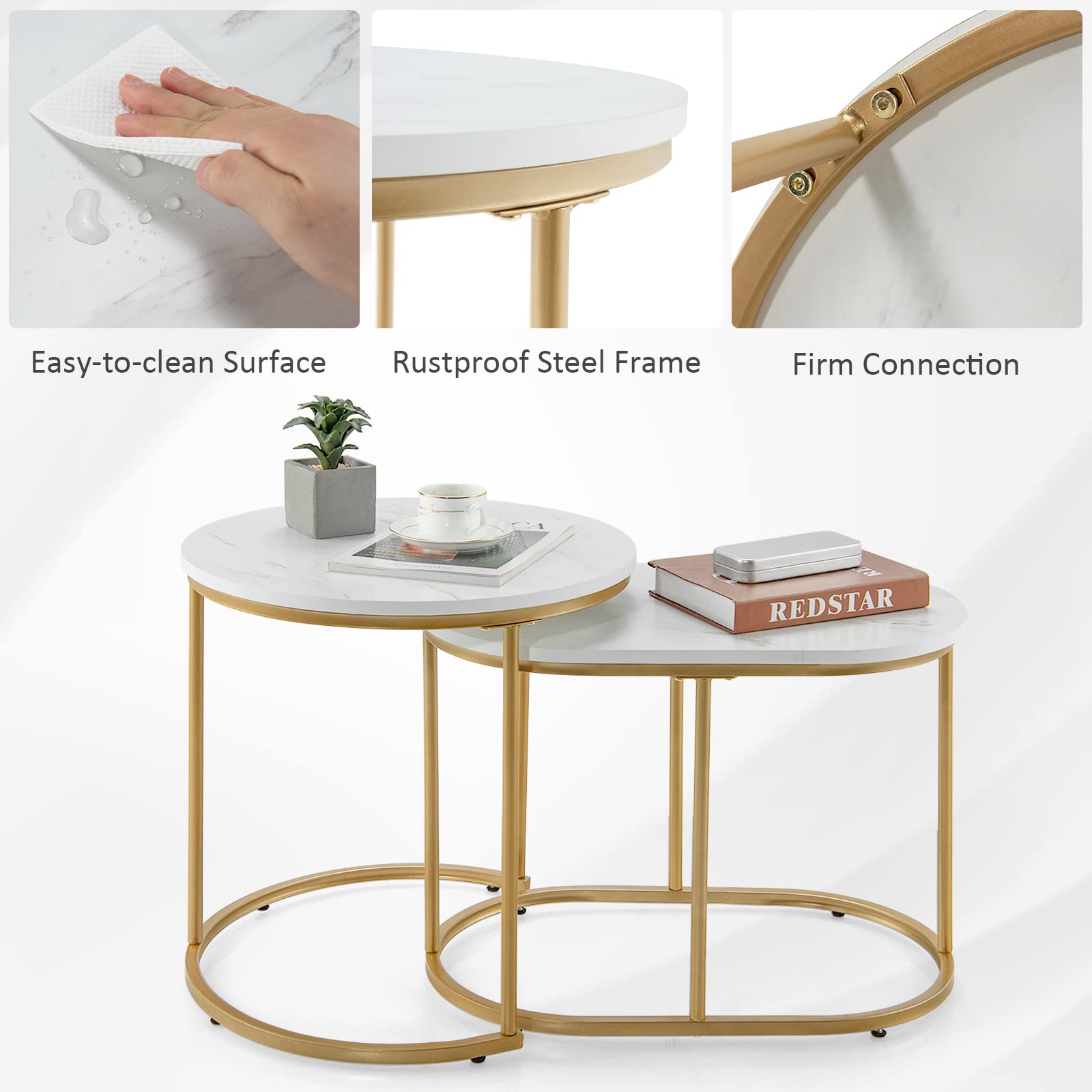 Giantex Modern Nesting Coffee Table Set of 2 - Gold Steel Frame & Marble-Look Top, Easy Assembly Accent Tables for Living Room, Bedroom, Apartment - Perfect for Small Spaces & Stylish Home Decor