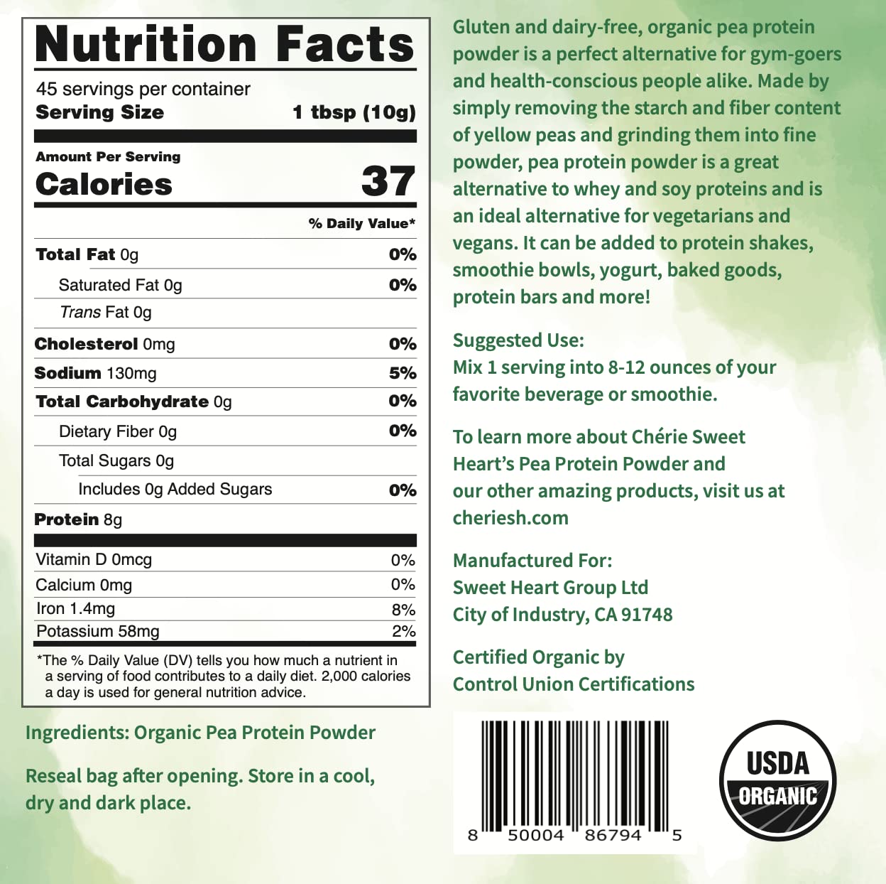 Cherie Sweet Heart Organic Pea Protein Powder 1 lb - 100% Non-GMO, Dairy-Free, Keto & Gluten-Free, Soy-Free Plant-Based Protein Supplement for Smoothies, Baking & Post-Workout Recovery