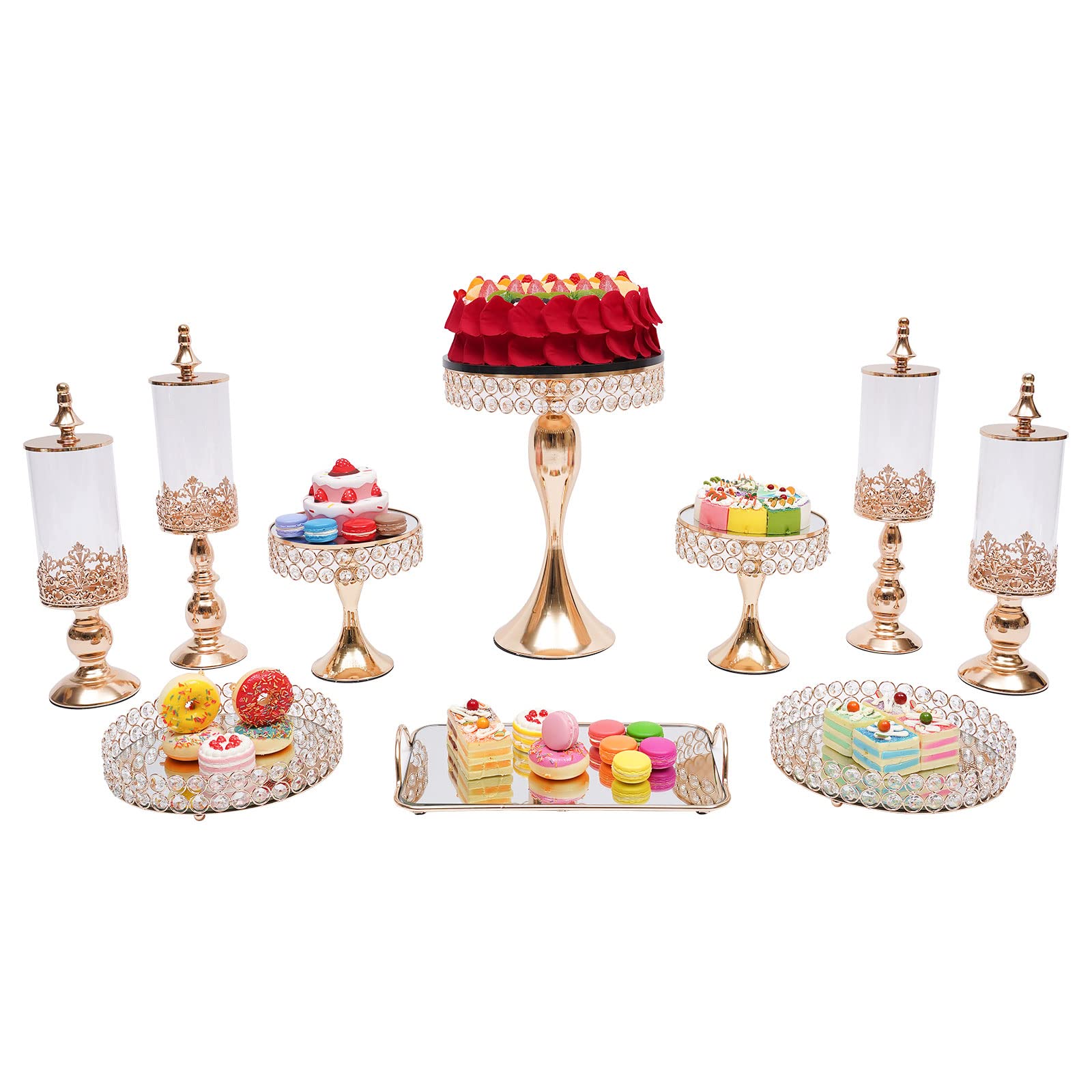 10-Pack Gold Metal Cake Stands & Cupcake Holders - Crystal Dessert Display Serving Platters for Birthday, Wedding, Party Decoration - Perfect for Buffet Tables, Dessert Bars & Special Events