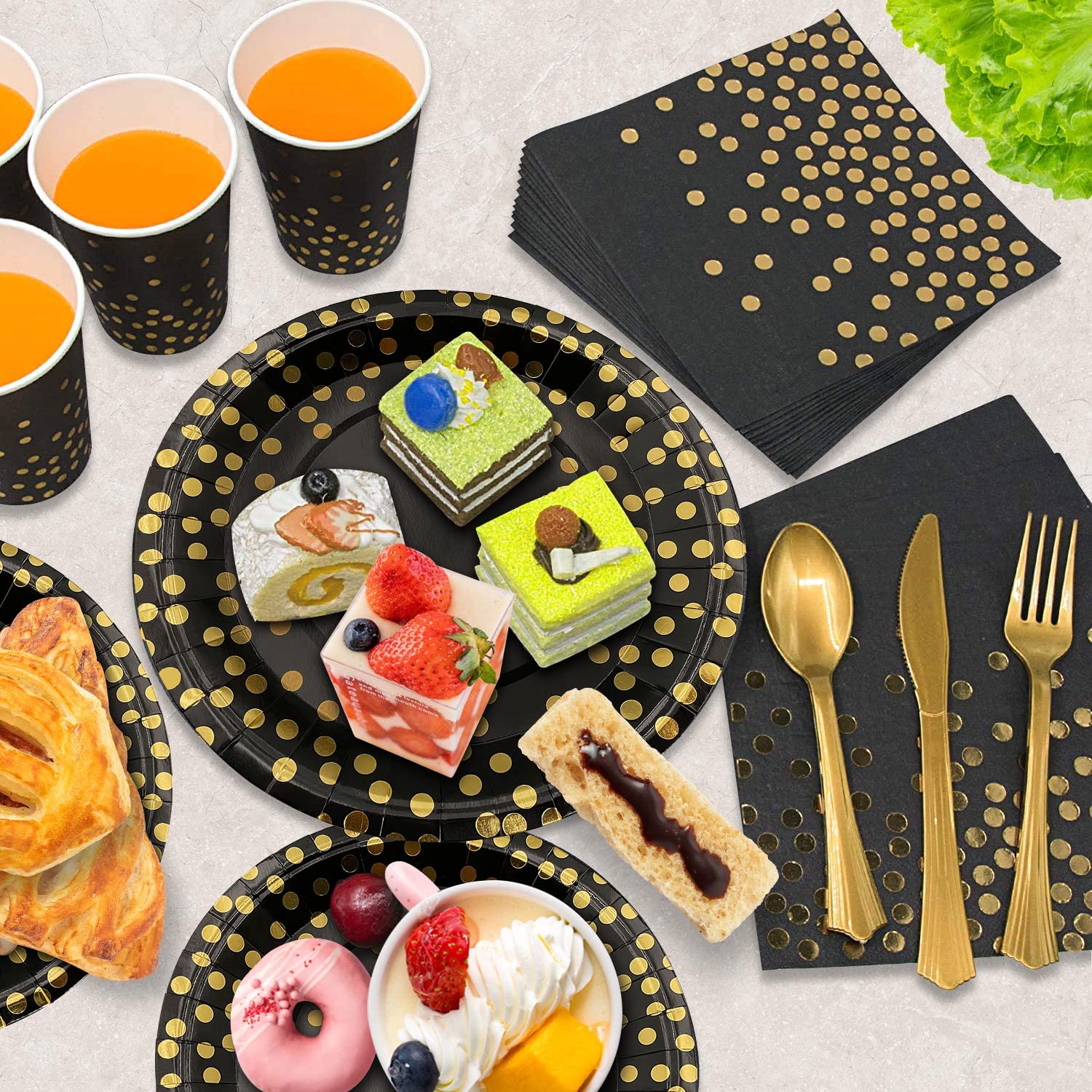 350-Piece Black and Gold Party Supplies Set - Disposable Dinnerware for 50 Guests - Gold Plastic Forks, Knives, Spoons & Golden Dot Paper Plates with Black Napkins & Cups - Perfect for New Year's, Graduation, Birthday & Wedding Celebrations - Elegant Table Setting for Special Occasions