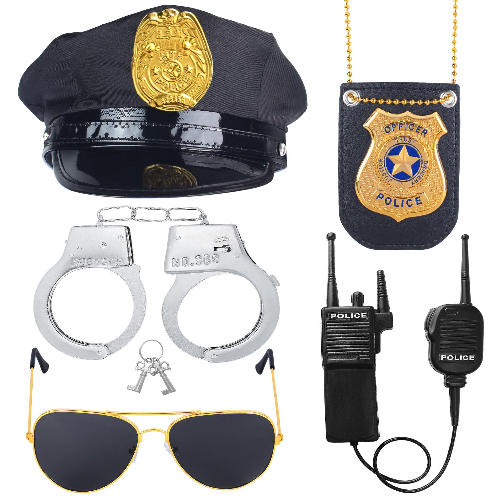 Beelittle Police Costume Set - Realistic Hat, Handcuffs, Walkie Talkie, Badge & Sunglasses for Kids Dress Up | Halloween, Role Play, Pretend Play Accessories
