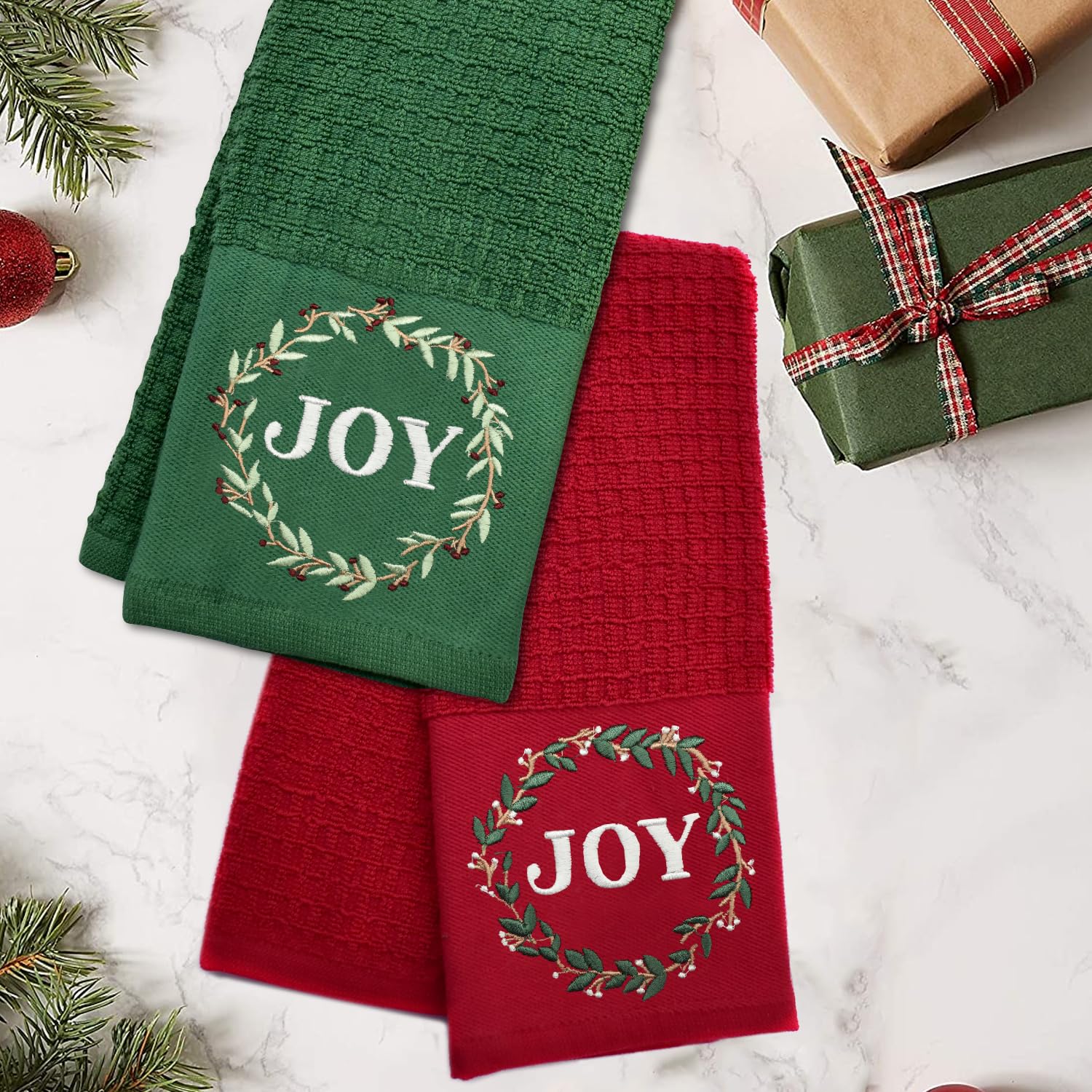 DAN RIVER Cotton Embroidered Kitchen Towels – Decorative Holiday Dish Towels Set, Perfect for Kitchen, Gifts, and Festive Decor (Pack of 2, Red & Green) – Ideal for Christmas, Thanksgiving, and Everyday Use
