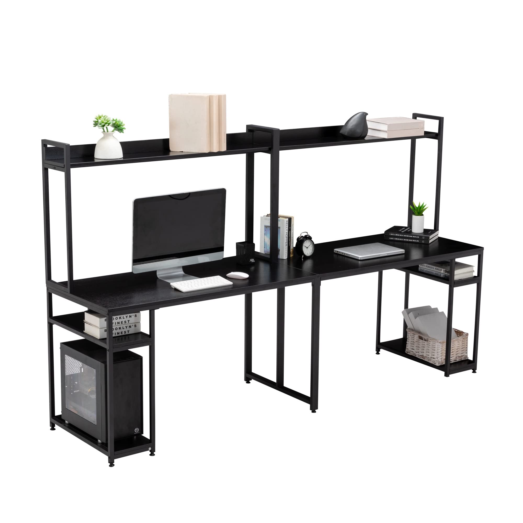 HZFWH Modern Two-Person Office Desk with Storage Shelf | Sturdy Computer Workstation for Home Office | Perfect for Shared Workspaces & Small Business Use