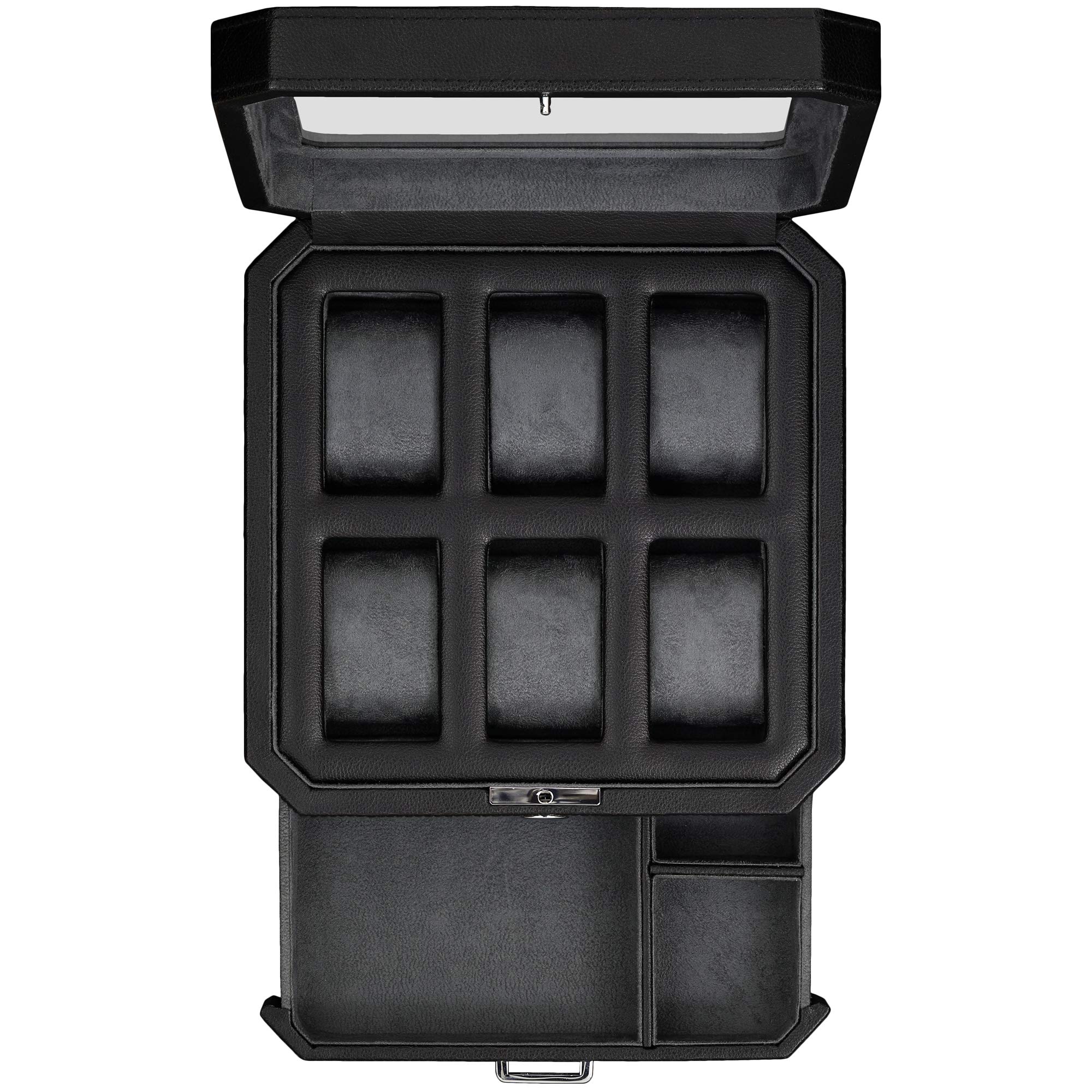 ROTHWELL 6 Slot Leather Watch Box with Valet Drawer - Luxury Watch Case Organizer for Men, Microsuede Lined Jewelry Storage Box with Lock & Large Glass Top (Black/Grey) - Perfect for Watch Collectors & Gift Giving