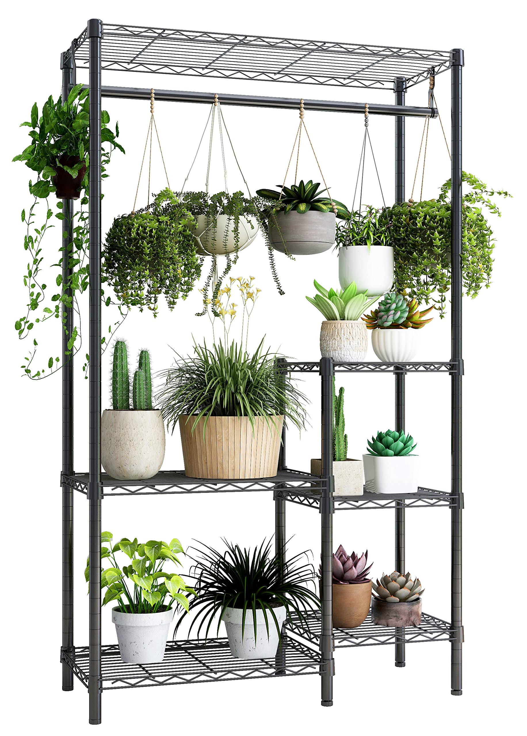 6-Tier Black Plant Stand with Hanger Rod - Indoor Outdoor Flower Shelf for 16 Pots - Perfect for Living Room, Balcony, Garden & Patio Decor