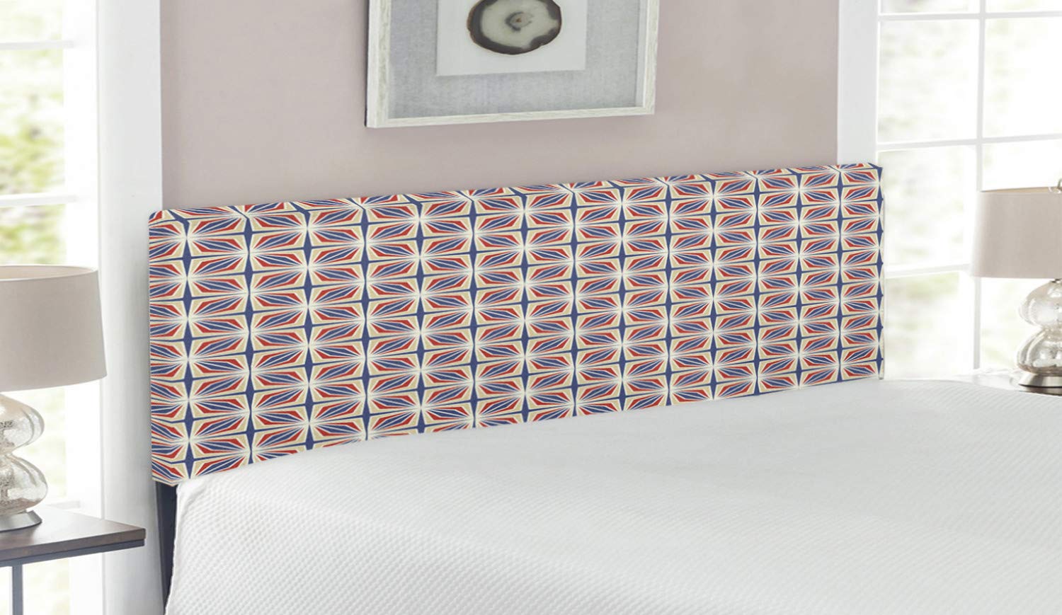 Lunarable Japanese Vintage Geometric Diamond Line Pattern Upholstered Headboard - Queen Size Bed Frame with Memory Foam & Decorative Metal Design in Pale Yellow Violet Blue | Perfect for Modern Bedroom Decor & Guest Room Upgrade
