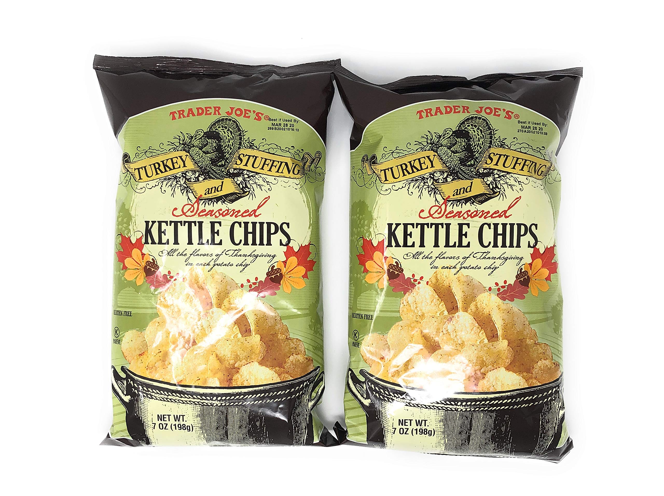 Trader Joe's Turkey and Stuffing Seasoned Kettle Chips - 2 Pack (7oz Each) | Crunchy Thanksgiving Snacks for Parties, Gatherings & Holiday Celebrations