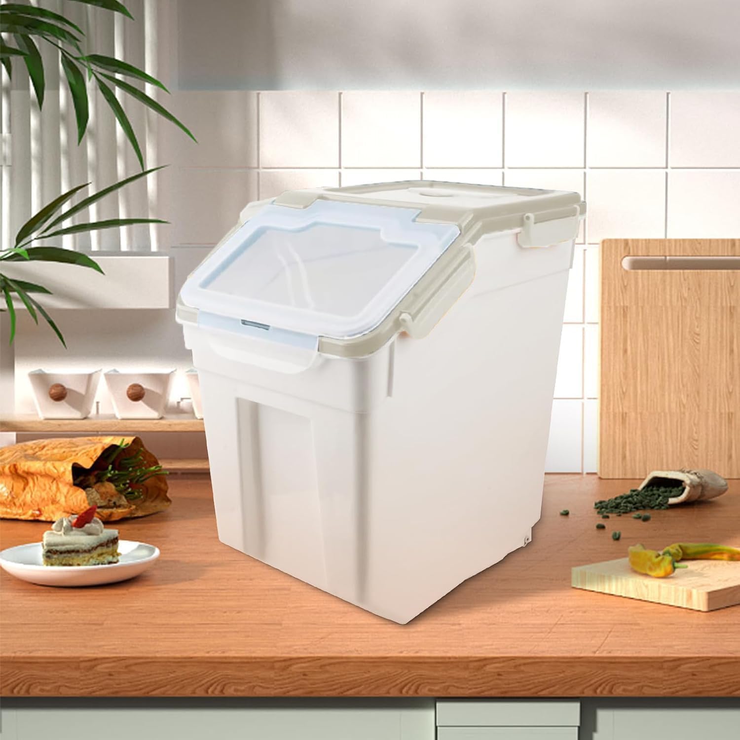 50LB Airtight Flour Storage Container with Wheels - 2 Pack Plastic Food Bin with Seal Locking Lid, Measuring Cup & Scoop - Ideal for Flour, Rice, Grain Storage (100LBS Total Capacity, Grey) - Perfect for Kitchen Pantry Organization & Bulk Food Storage