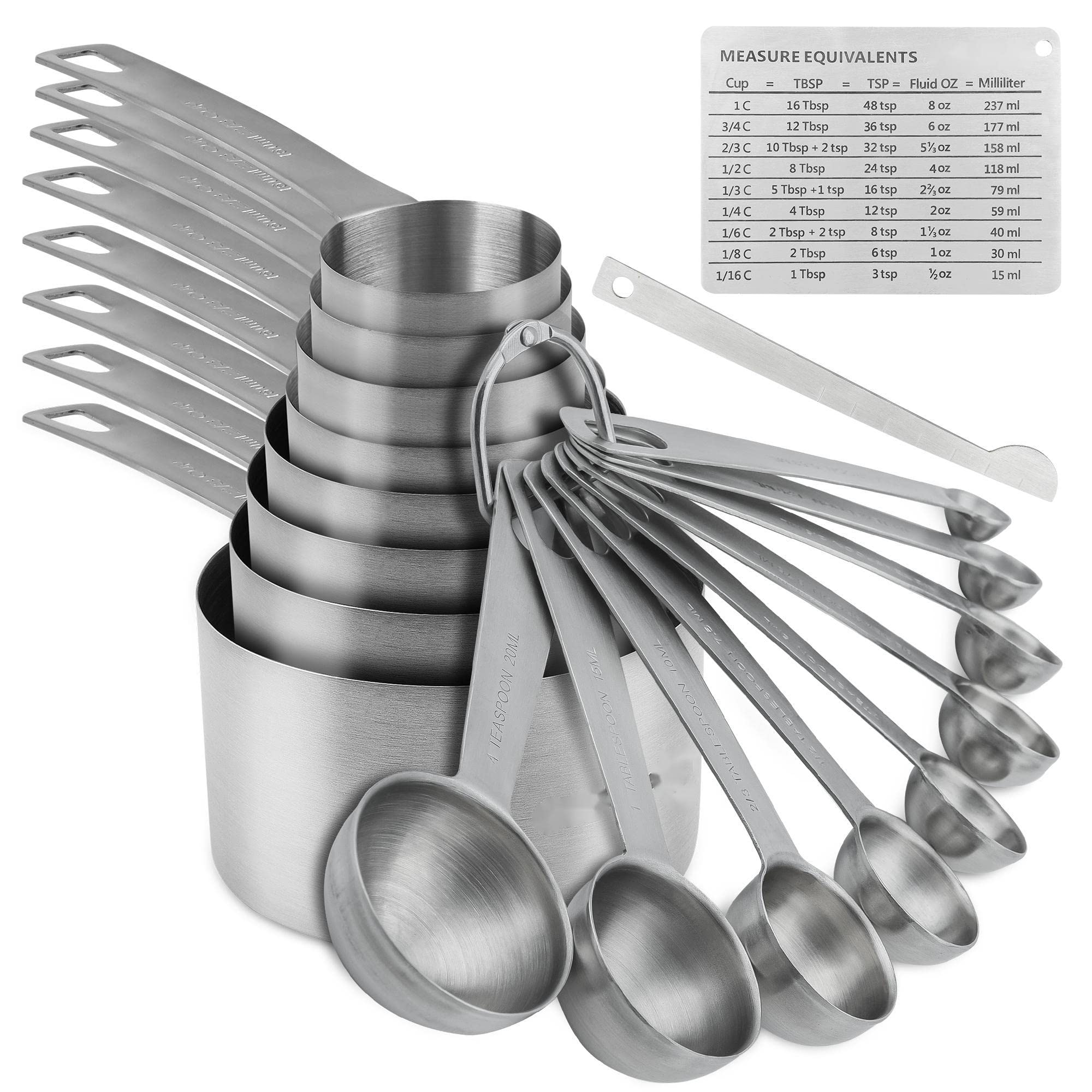 Premium 18/8 Stainless Steel Measuring Cups and Spoons Set - 8 Cups & 9 Spoons with Leveler & Measurement Equivalents - Essential Kitchen & Baking Tools for Cooking, Baking & Meal Prep