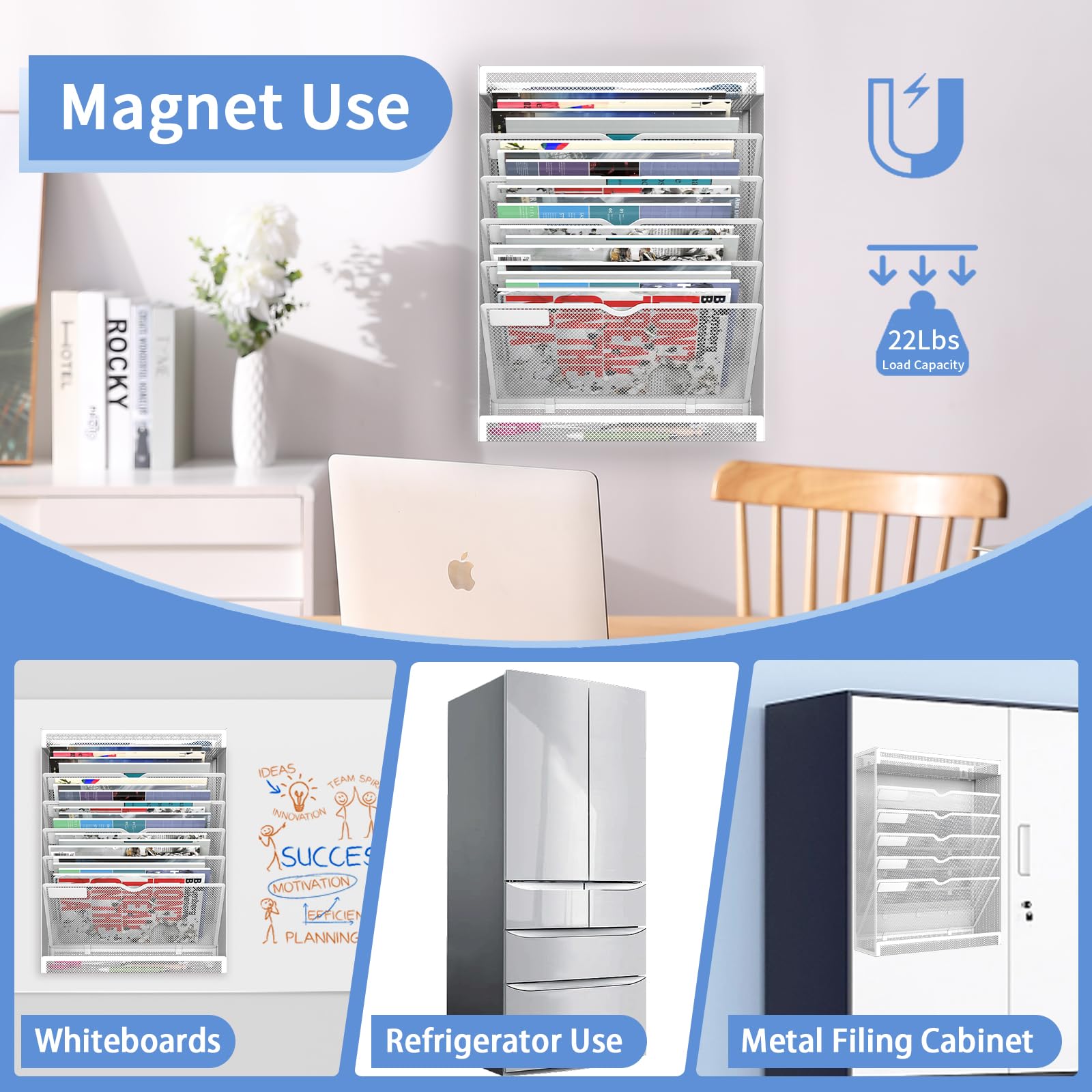 7-Tier Magnetic File Organizer - No Drilling Wall Mount for Office, Classroom & Home - Fits Whiteboards, Refrigerators & File Cabinets - Space-Saving Hanging Paper Folder Holder (White) - Perfect for Document Organization & Workspace Decluttering