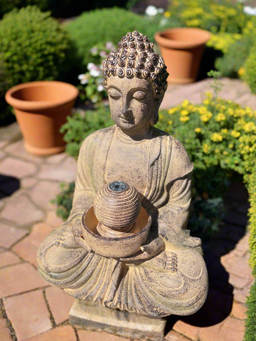 Solar Powered LED Meditating Buddha Water Fountain - 36x29x50cm Outdoor Garden Decor for Relaxation & Zen Meditation Spaces