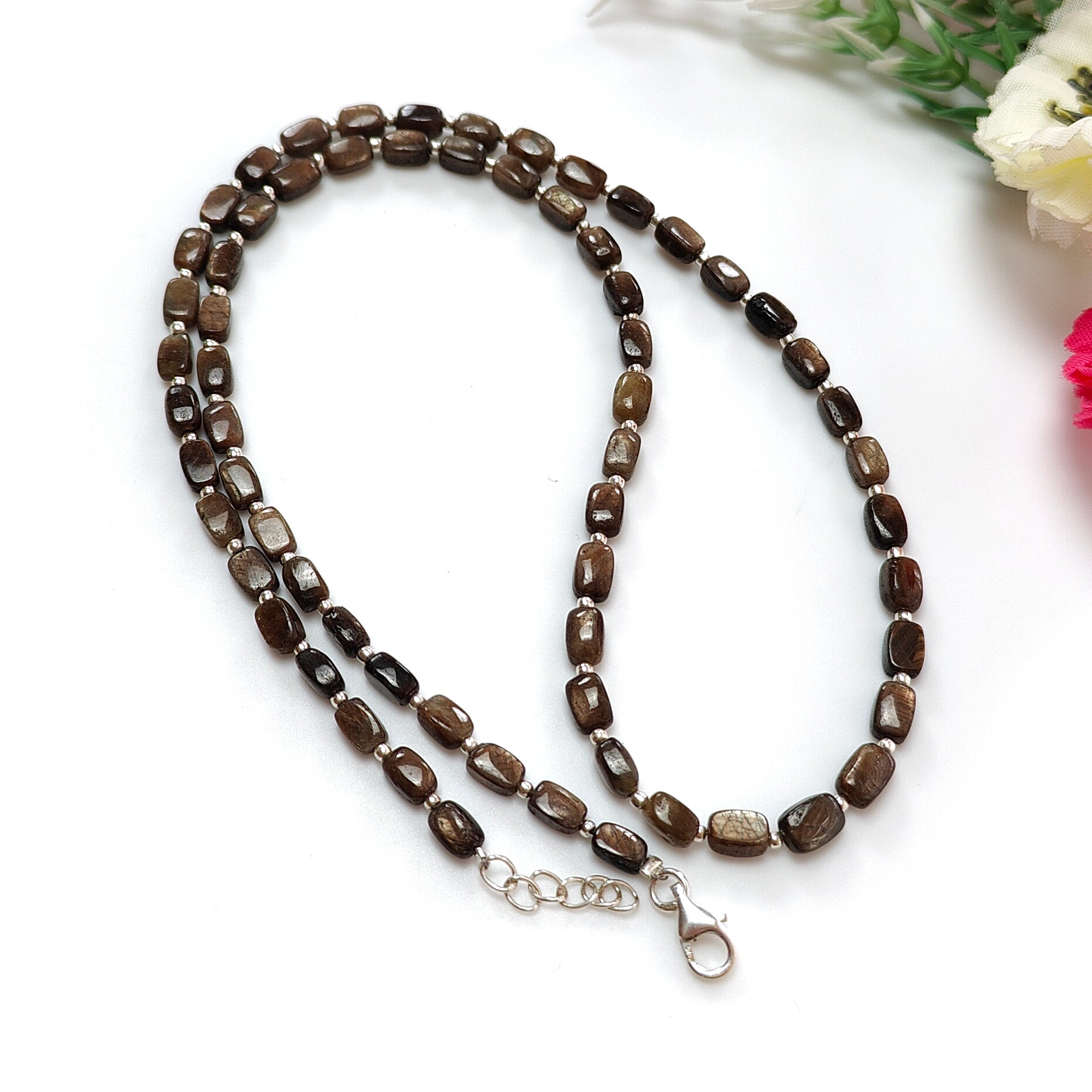 Golden Brown Chocolate Sapphire Gemstone Beads Necklace - 925 Sterling Silver Jewelry with Natural Cushion Cut Sapphires (5x3mm & 6x4mm) - 14.26g Elegant Handmade Necklace for Women, Perfect for Weddings, Parties & Special Occasions